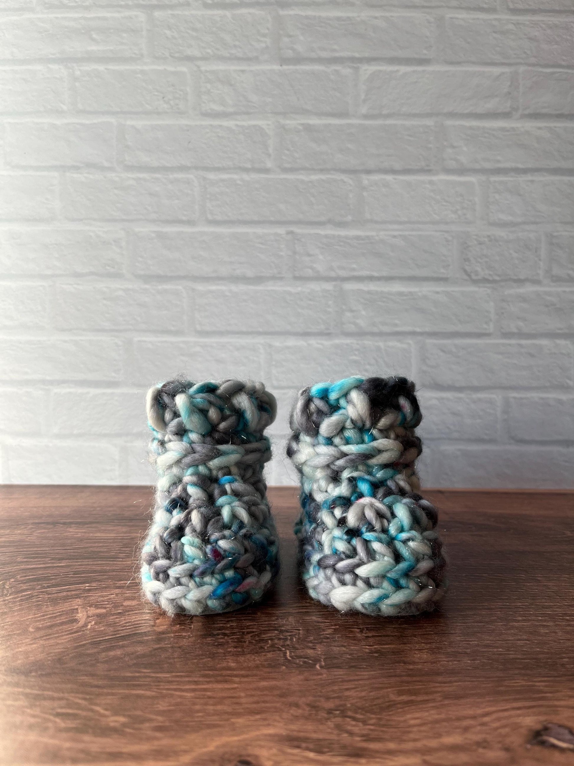 3-6 months - Luxury Sparkly “I'm Snow Cute” Merino Wool Crochet Baby Booties - Hand Crocheted Baby Booties with Hand Dyed Yarn