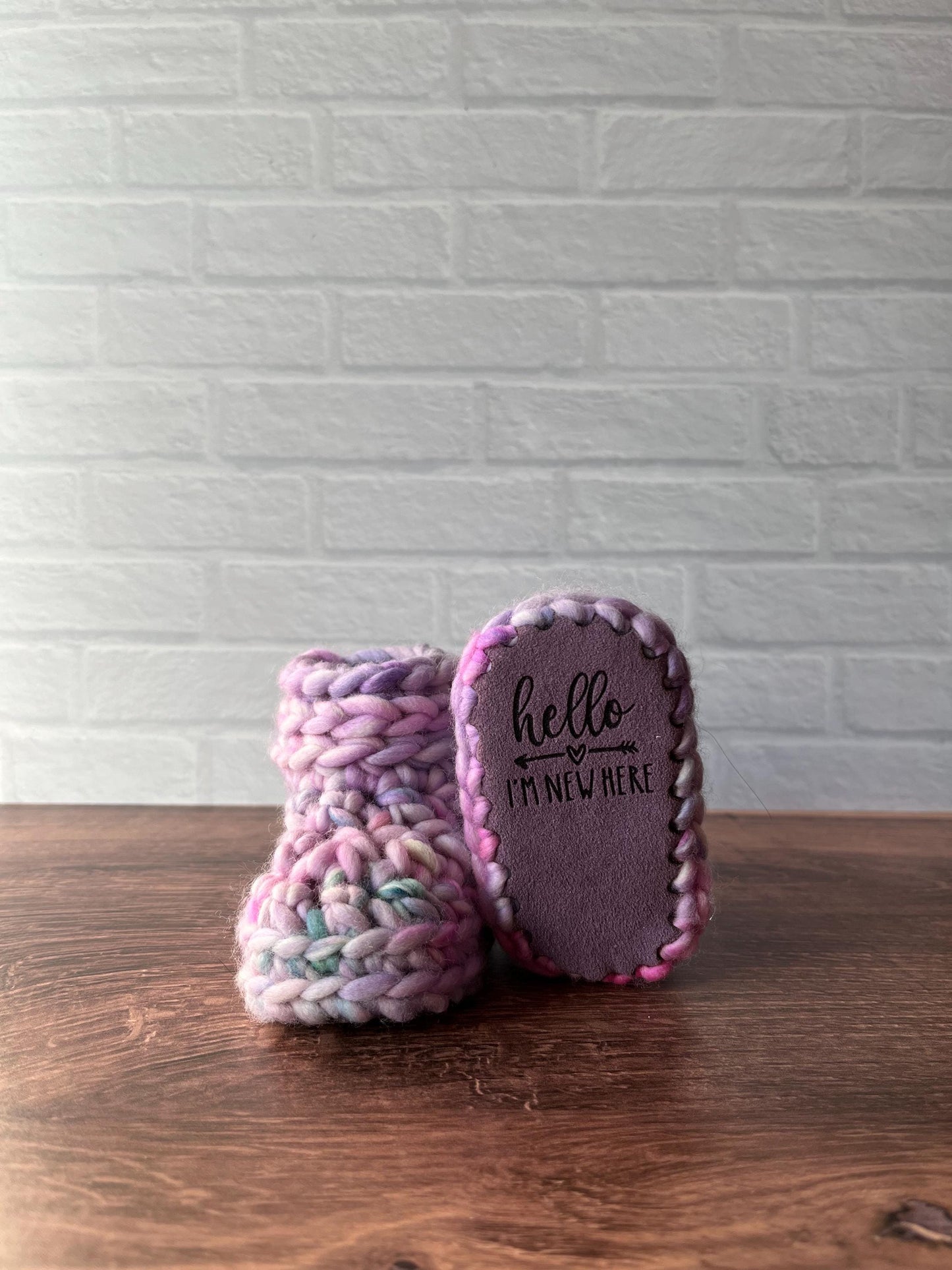 3-6 months - Luxury Pastel “Hello I’m New Here” Merino Wool Crochet Baby Booties - Hand Crocheted Baby Booties with Hand Dyed Yarn