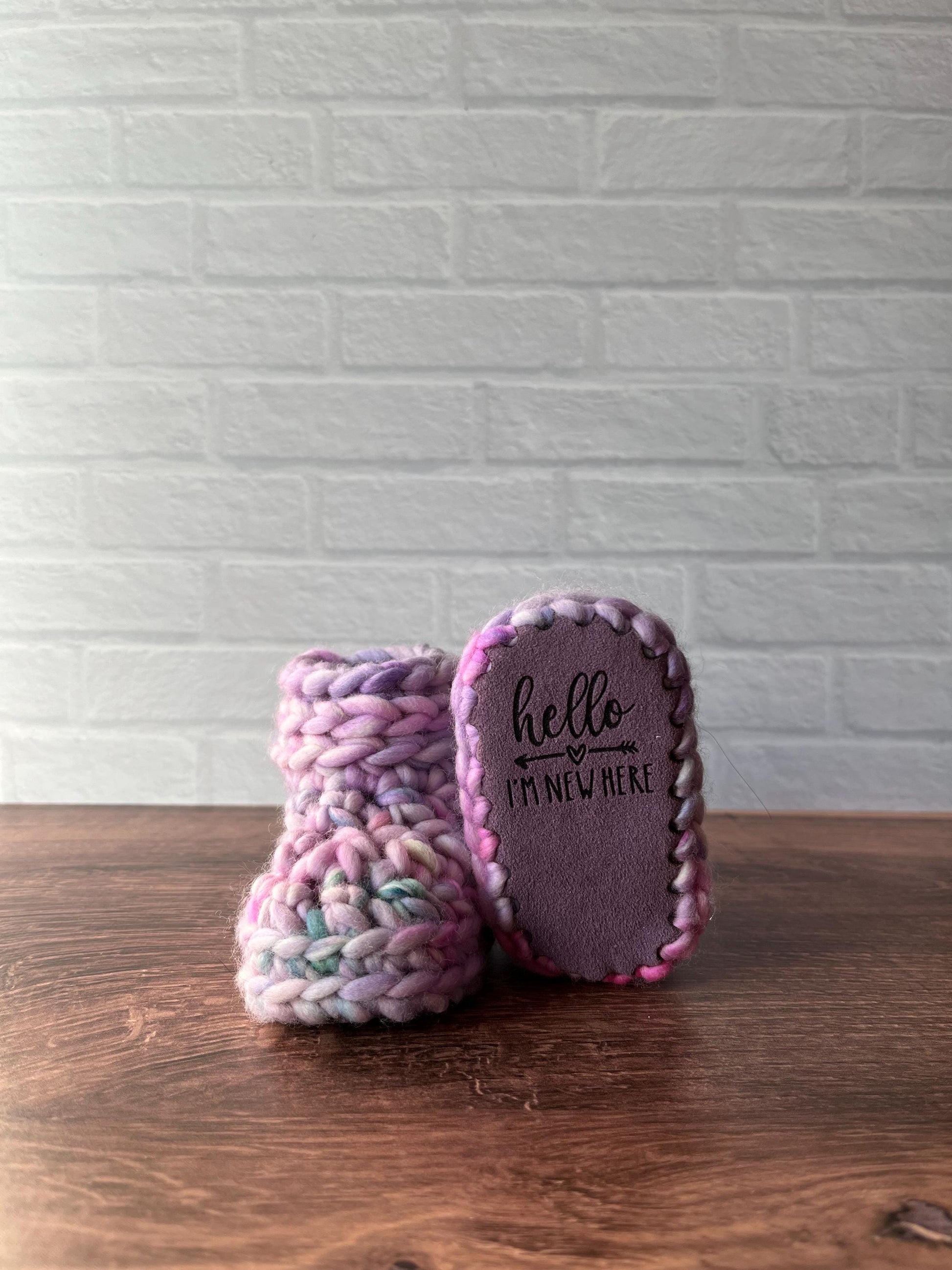 3-6 months - Luxury Pastel “Hello I’m New Here” Merino Wool Crochet Baby Booties - Hand Crocheted Baby Booties with Hand Dyed Yarn