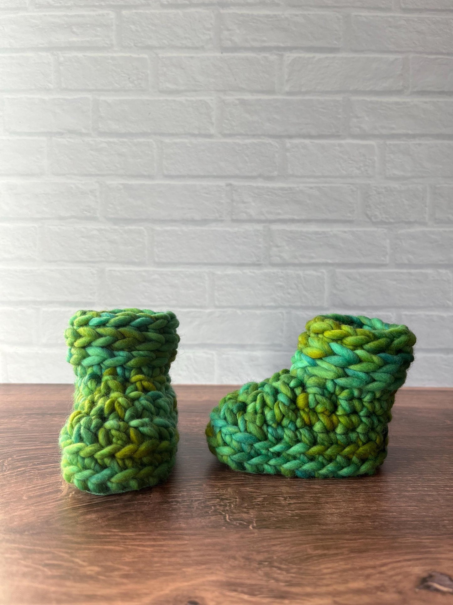 3-6 months - Luxury Green “Dear Santa I Can Explain” Merino Wool Crochet Baby Booties - Hand Crocheted Baby Booties with Hand Dyed Yarn
