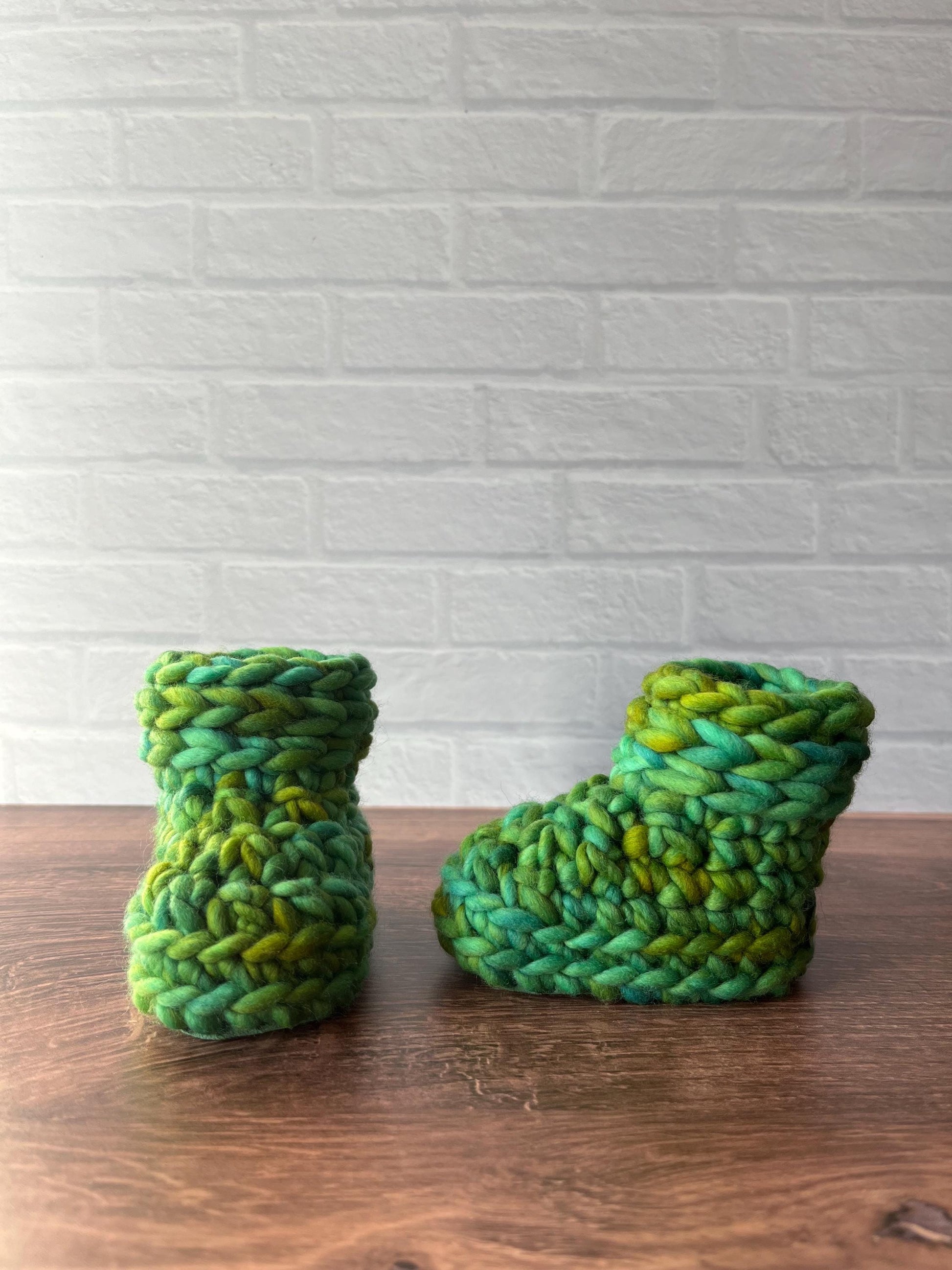 3-6 months - Luxury Green “Dear Santa I Can Explain” Merino Wool Crochet Baby Booties - Hand Crocheted Baby Booties with Hand Dyed Yarn