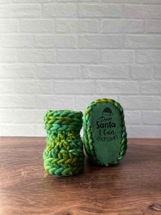 3-6 months - Luxury Green “Dear Santa I Can Explain” Merino Wool Crochet Baby Booties - Hand Crocheted Baby Booties with Hand Dyed Yarn