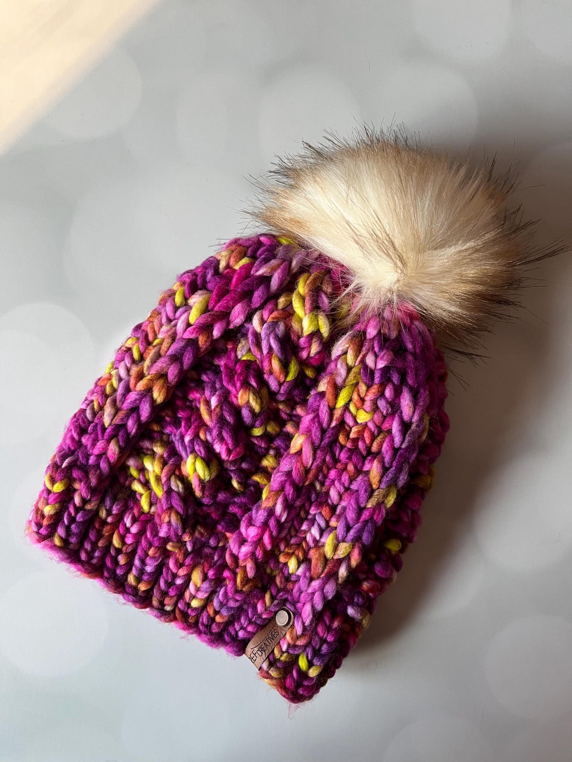 Luxury Purple Pink Merino Wool Ribbed Knit Hat - Yellow Pink Blue Classic Beanie Hand Knit Hat with Hand Dyed Yarn