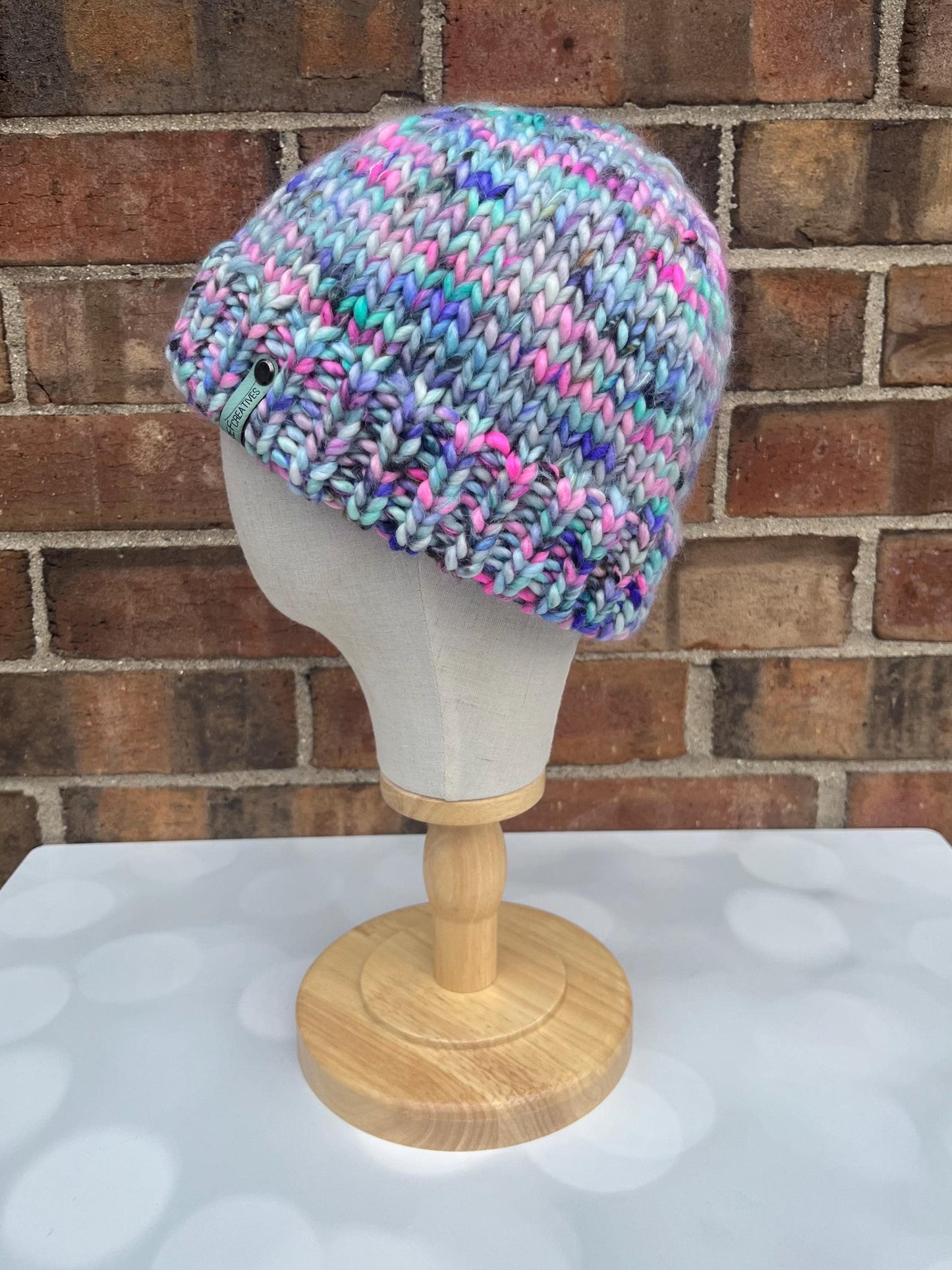 Luxury Grey Aqua Pink Purple Double Brim Merino Wool Beanie - Fuzzy Hand Knit Hat with Hand Dyed Yarn