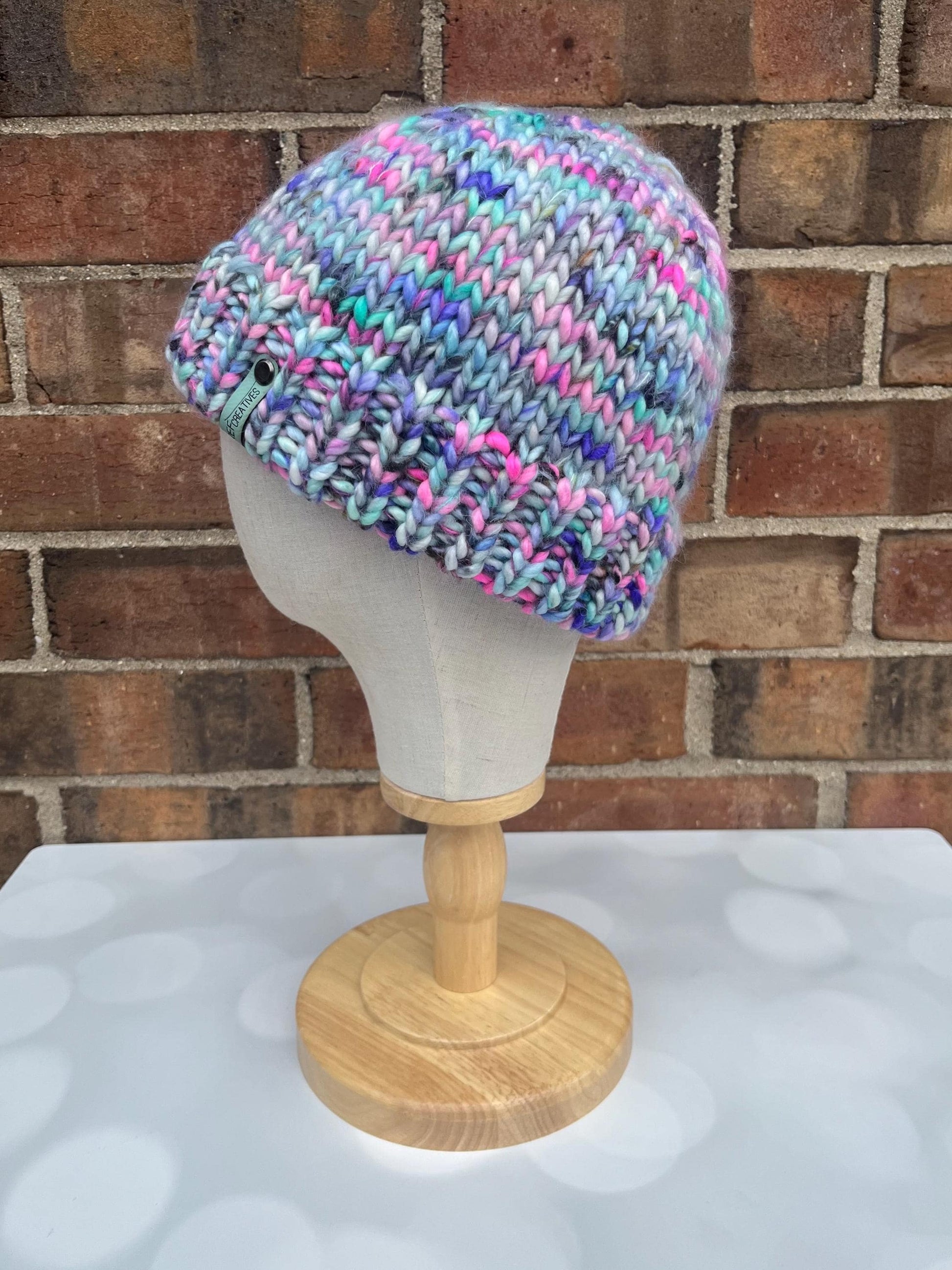 Luxury Grey Aqua Pink Purple Double Brim Merino Wool Beanie - Fuzzy Hand Knit Hat with Hand Dyed Yarn