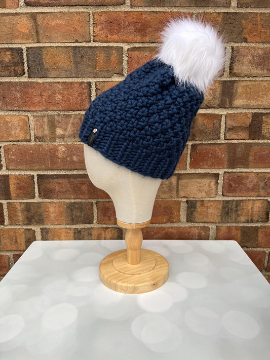 Luxury Navy Blue Merino Wool Beanie - Double Seed Stitch Hand Knit Hat with Hand Dyed Yarn