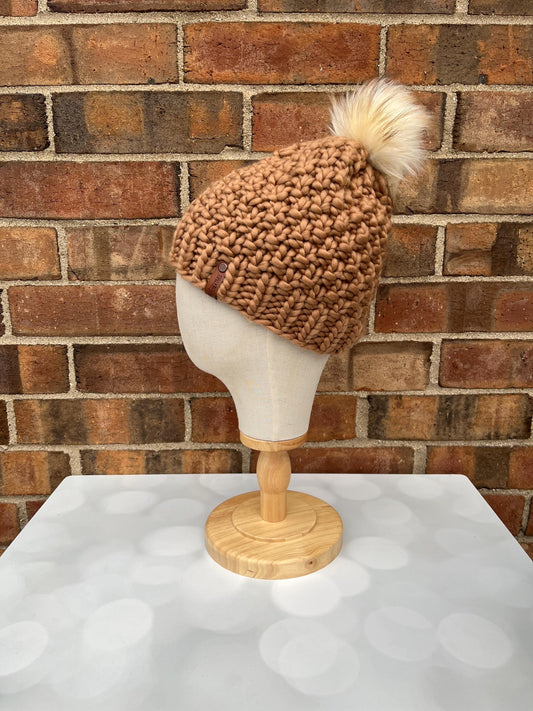 Luxury Gingerbread Merino Wool Beanie - Double Seed Stitch Hand Knit Hat with Hand Dyed Yarn