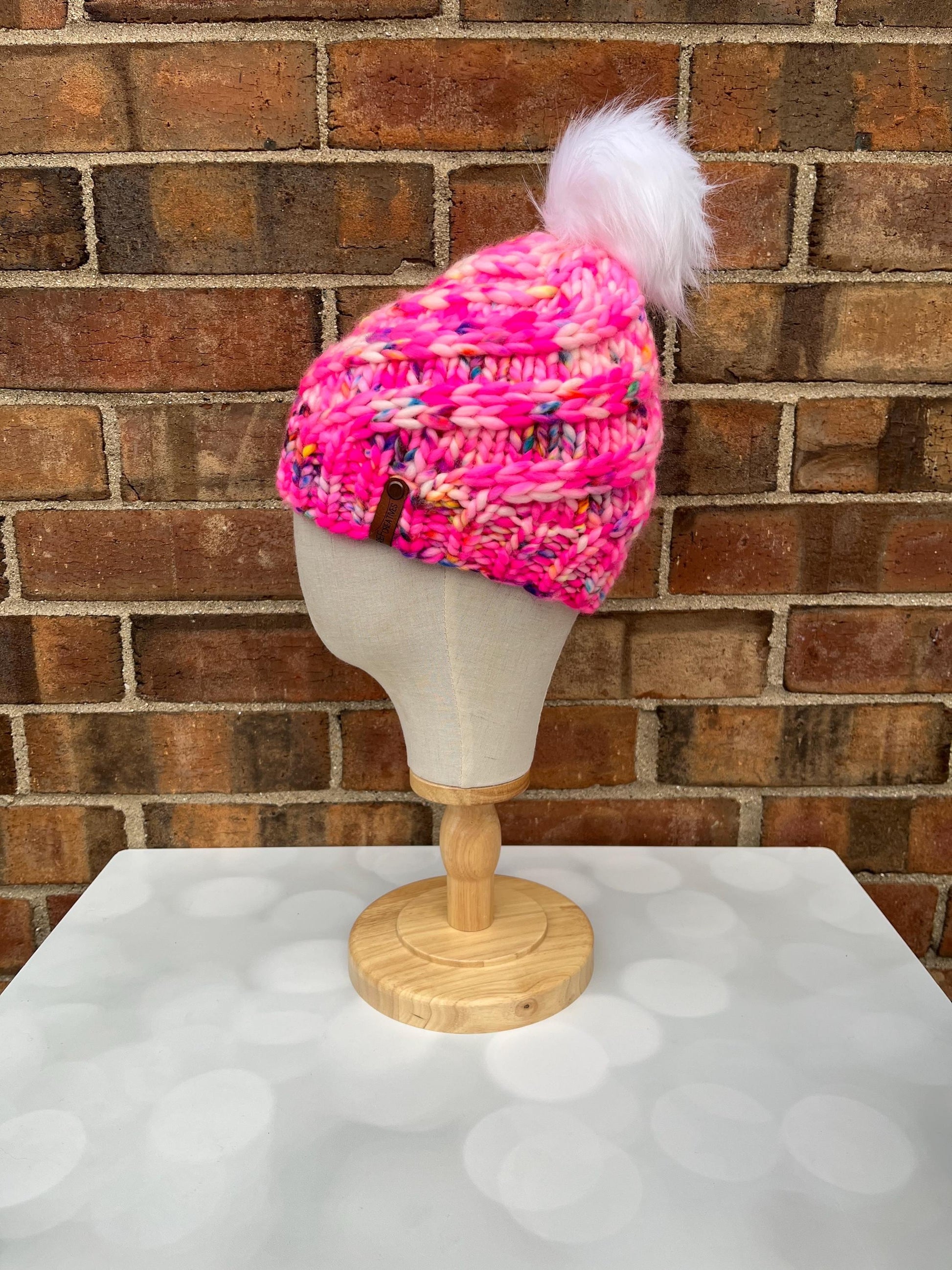 Luxury Pink Merino Wool Knit Hat - Neon Pink Swirls Hand Knit Hat with Hand Dyed Yarn