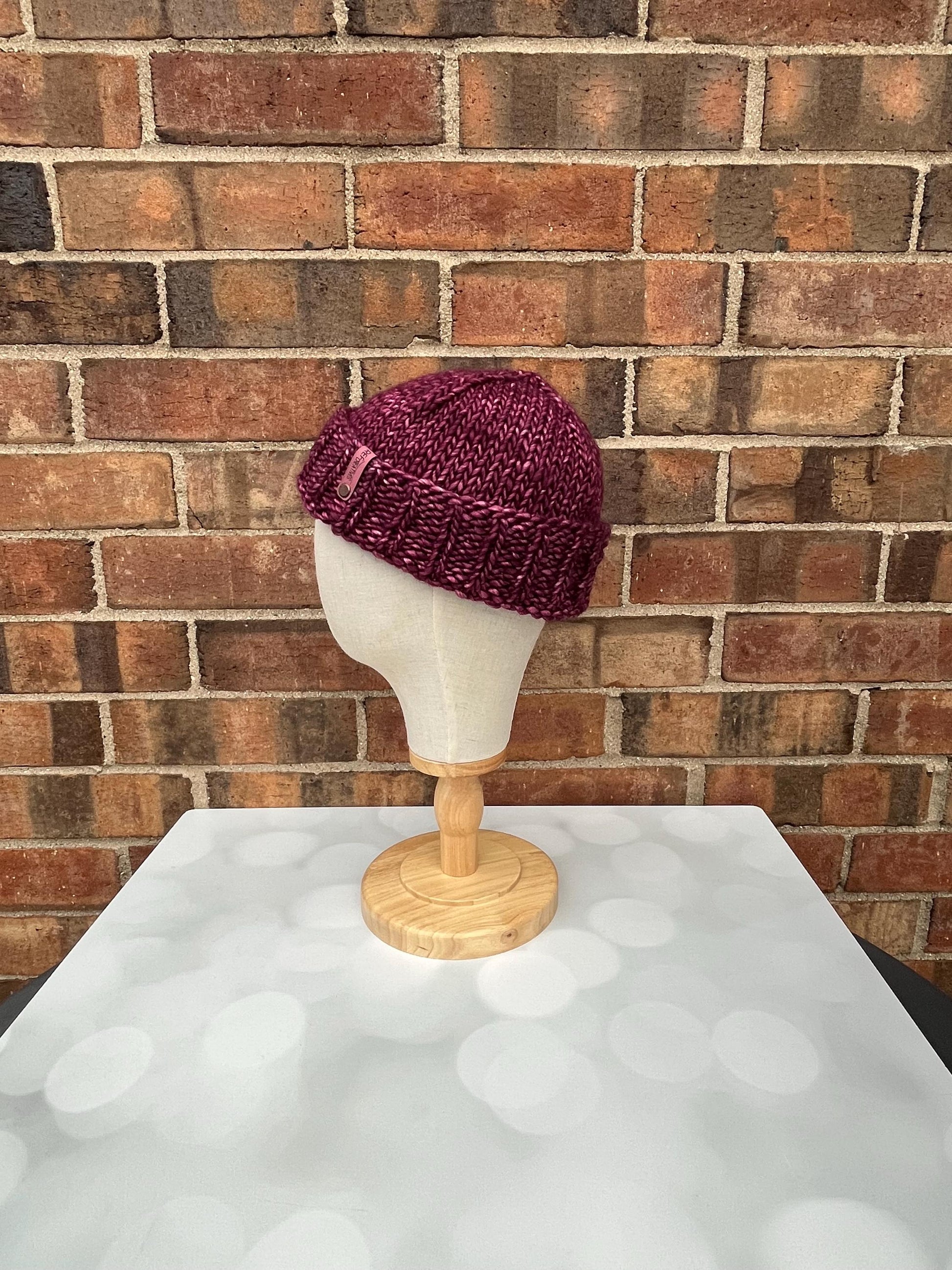 Luxury Maroon Folded Brim Merino Wool Beanie - Teenie Weenie Beanie Hand Knit Hat with Hand Dyed Yarn