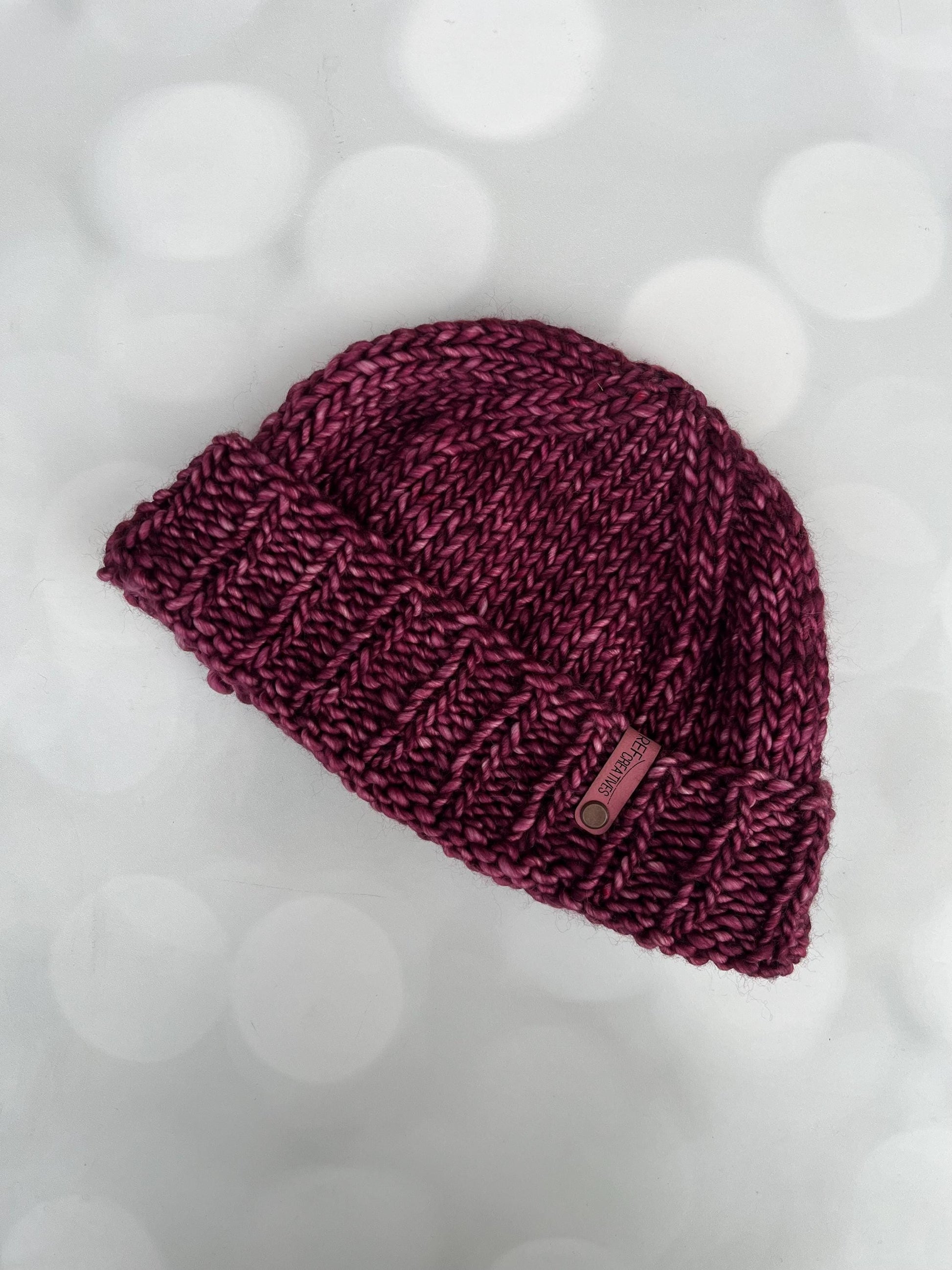 Luxury Maroon Folded Brim Merino Wool Beanie - Teenie Weenie Beanie Hand Knit Hat with Hand Dyed Yarn