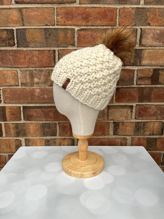Luxury Off White Cream Merino Wool Beanie - Double Seed Stitch Hand Knit Hat with Hand Dyed Yarn