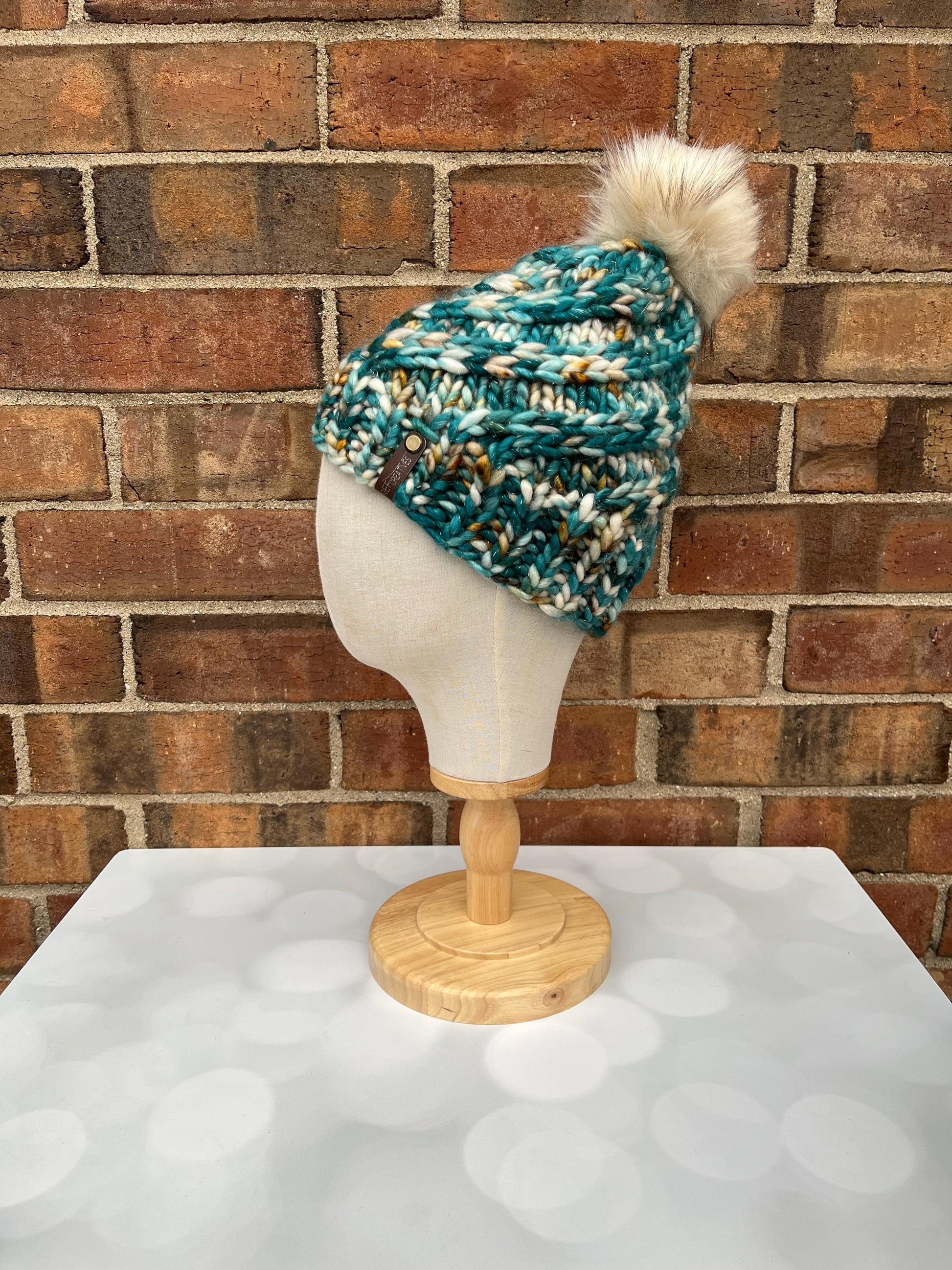 Luxury Teal White Brown Sparkles Merino Wool Knit Hat - Glitter Swirls Hand Knit Hat with Hand Dyed Yarn