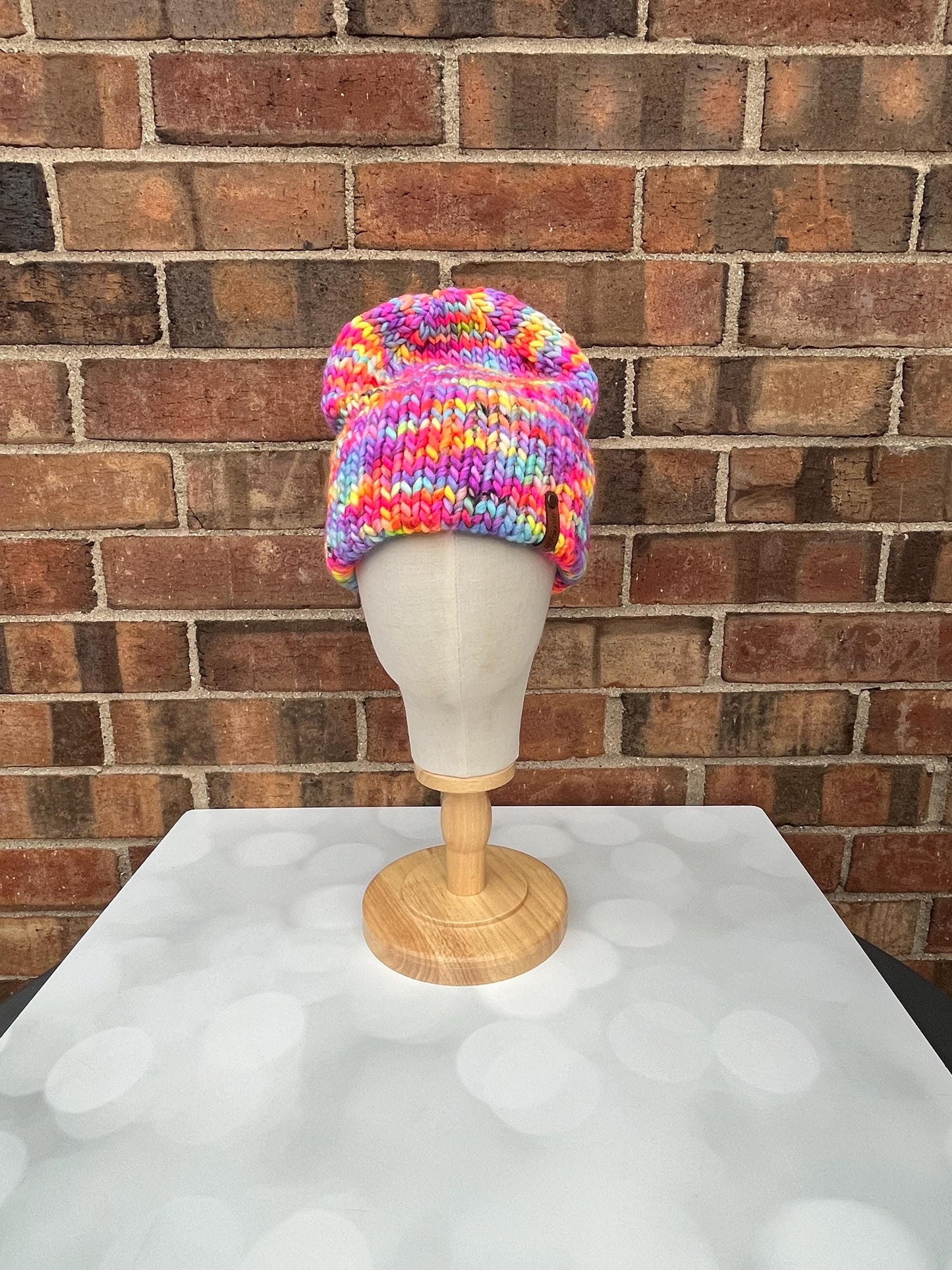 Luxury Deep Electric Rainbow Double Brim Merino Wool Beanie - Hand Knit Hat with Hand Dyed Yarn