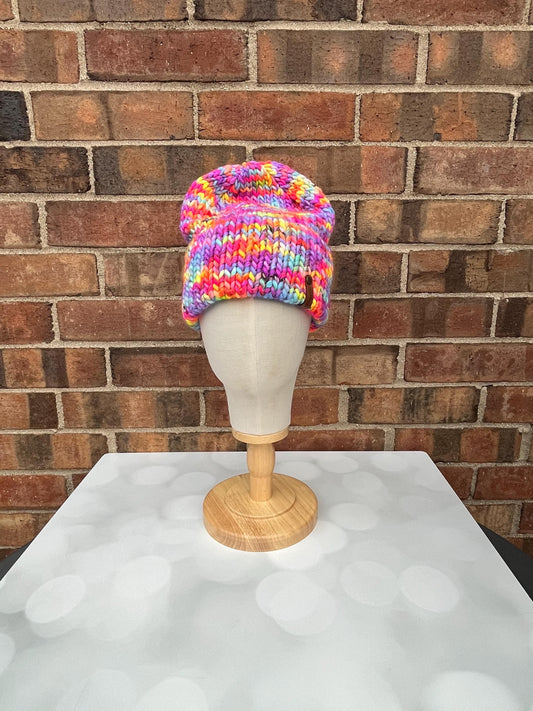 Luxury Deep Electric Rainbow Double Brim Merino Wool Beanie - Hand Knit Hat with Hand Dyed Yarn