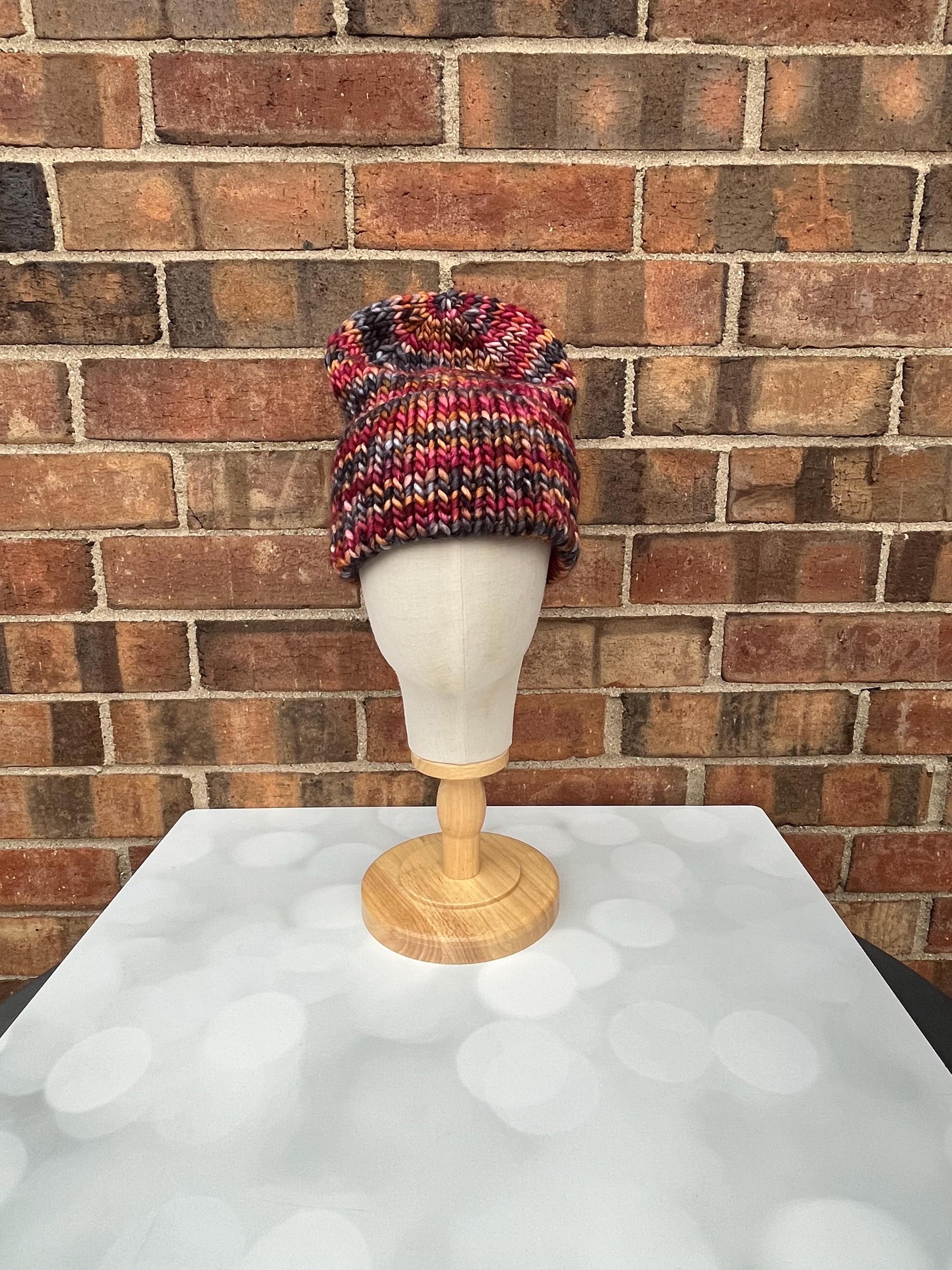 Luxury Maroon Black Brown Double Brim Merino Wool Beanie - Hand Knit Hat with Hand Dyed Yarn