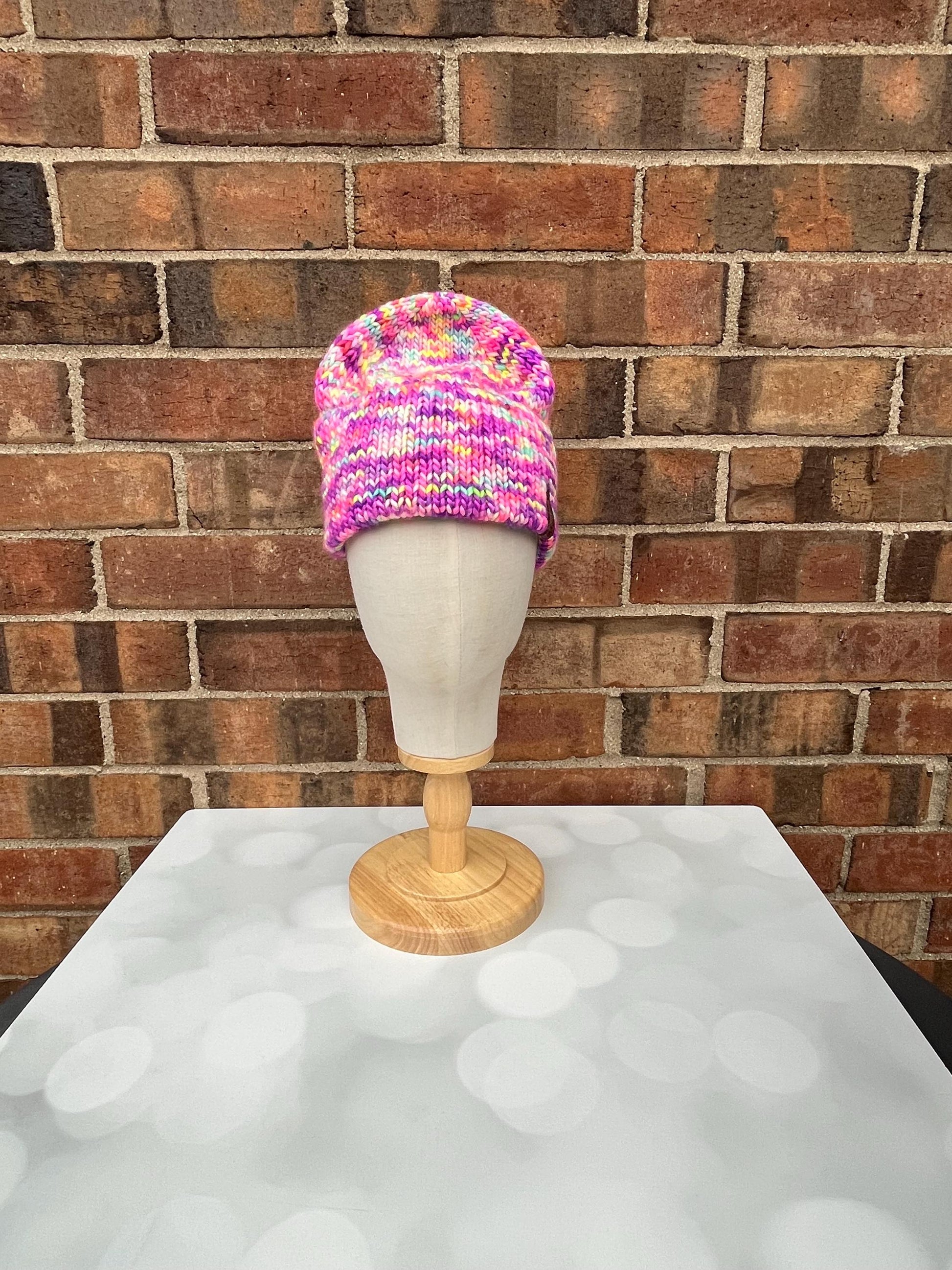 Luxury Purple Aqua White Yellow Pink Double Brim Merino Wool Beanie - Neon Hand Knit Hat with Hand Dyed Yarn