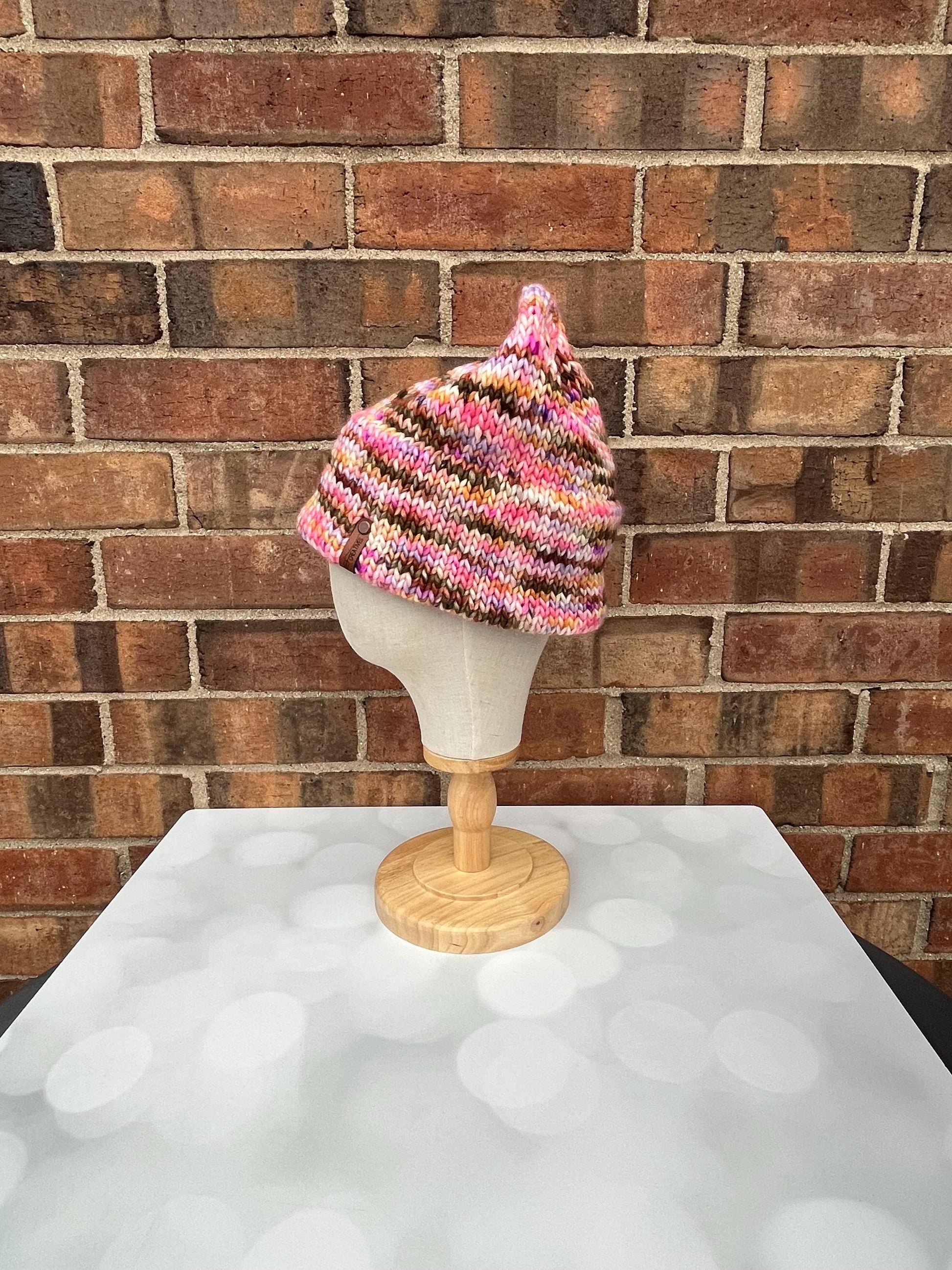 Luxury Olive Brown Pink Purple Double Brim Merino Wool Beanie - Warm and Pastel Hand Knit Hat with Hand Dyed Yarn