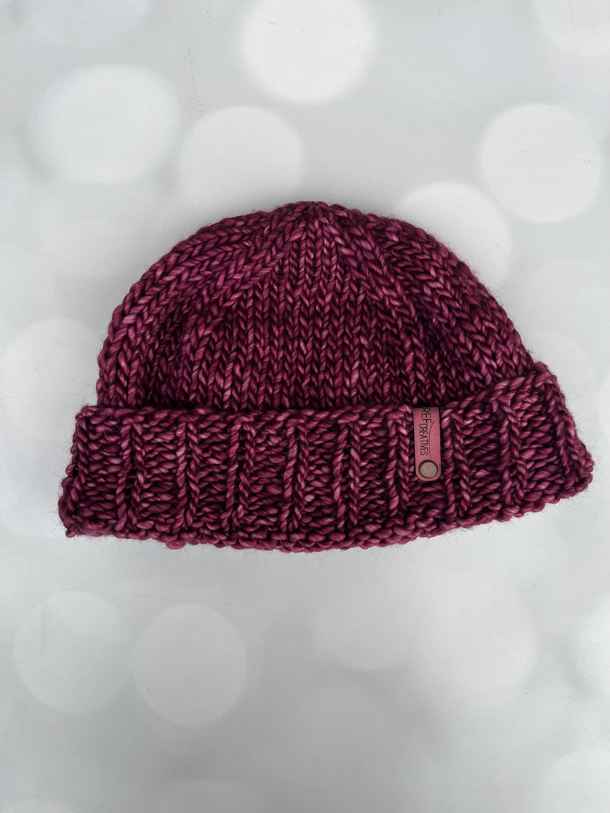 Luxury Maroon Folded Brim Merino Wool Beanie - Teenie Weenie Beanie Hand Knit Hat with Hand Dyed Yarn