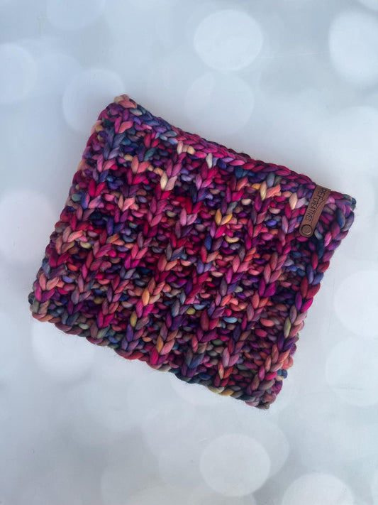 Luxury Pink Purple Blue Merino Wool Knit Neckwarmer - Hand Knit Cowl with Hand Dyed Yarn