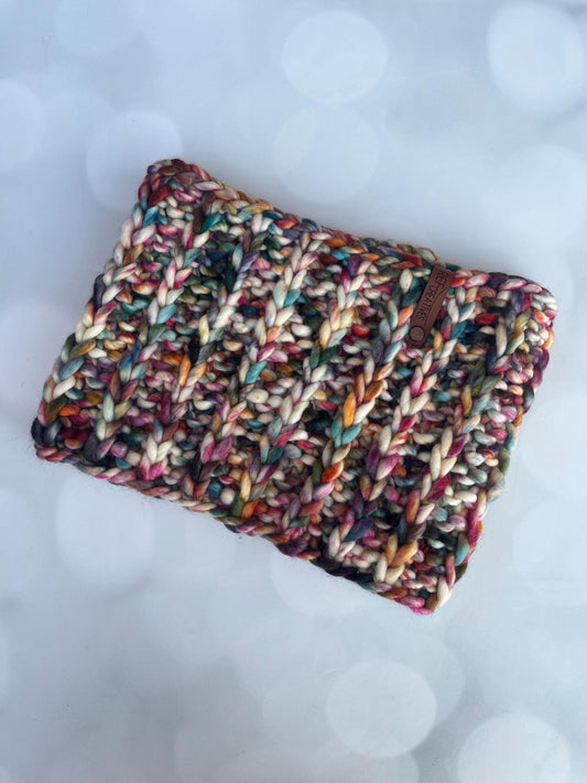 Luxury Muted Rainbow Merino Wool Knit Neckwarmer - Hand Knit Cowl with Hand Dyed Yarn