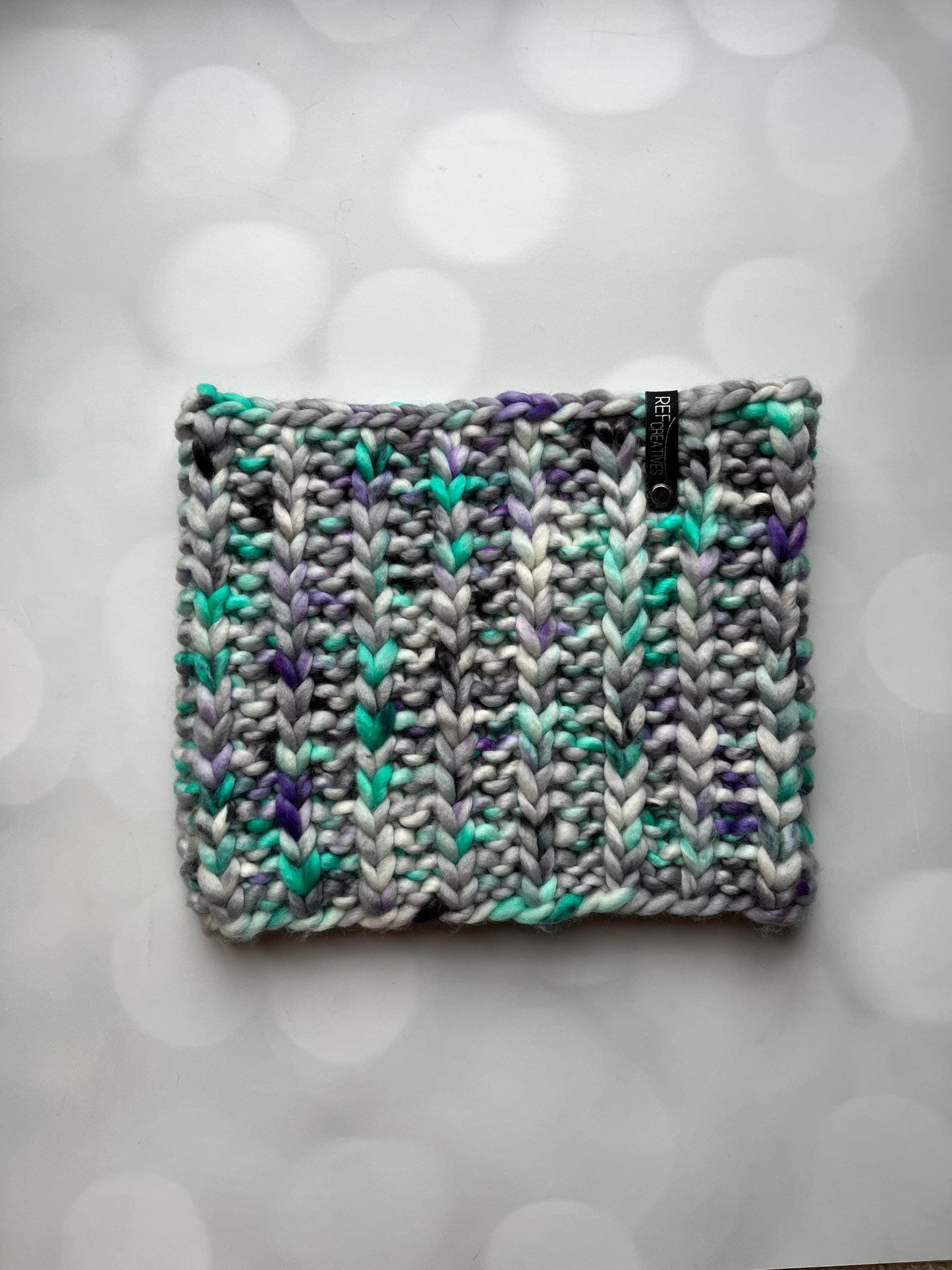 Luxury Purple Aqua Grey Merino Wool Knit Neckwarmer - 90s Ski Bum Hand Knit Cowl with Hand Dyed Yarn