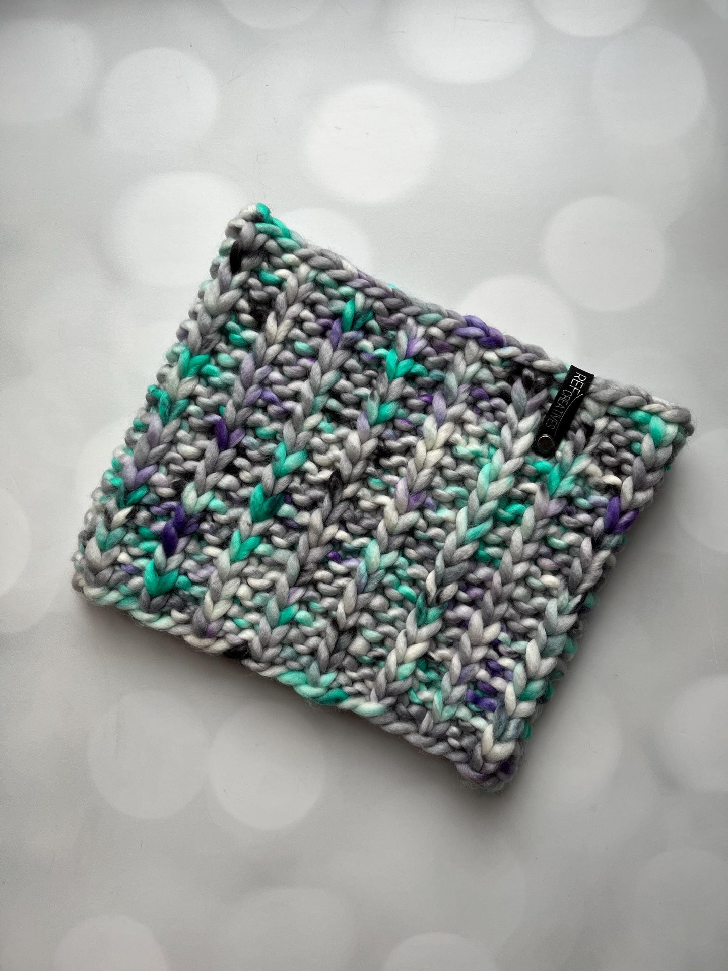 Luxury Purple Aqua Grey Merino Wool Knit Neckwarmer - 90s Ski Bum Hand Knit Cowl with Hand Dyed Yarn