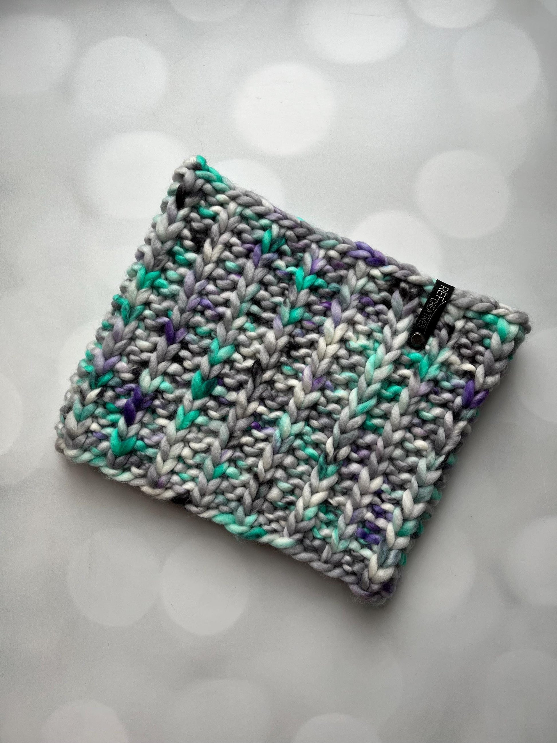 Luxury Purple Aqua Grey Merino Wool Knit Neckwarmer - 90s Ski Bum Hand Knit Cowl with Hand Dyed Yarn