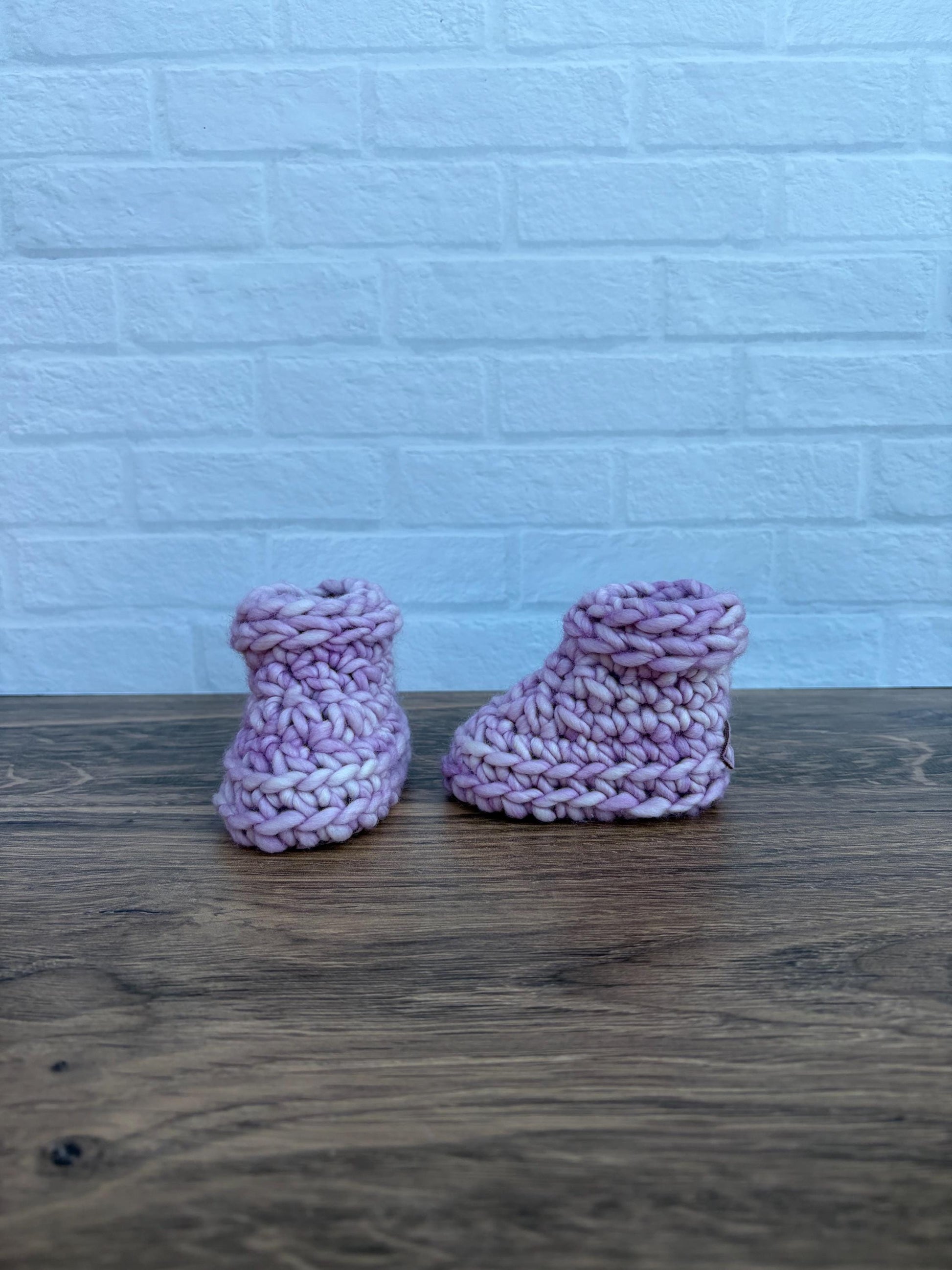 0-3 months - Luxury Lavender “Hello Cupcake” Merino Wool Crochet Baby Booties - Hand Crocheted Baby Booties with Hand Dyed Yarn