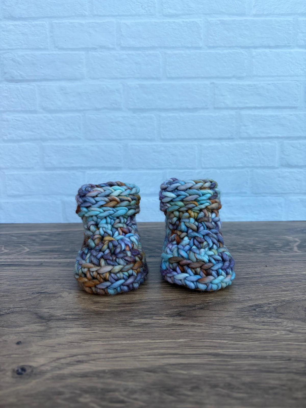 3-6 months - Luxury Blues and Gold “Hello I’m New Here” Merino Wool Crochet Baby Booties - Hand Crocheted Baby Booties with Hand Dyed Yarn