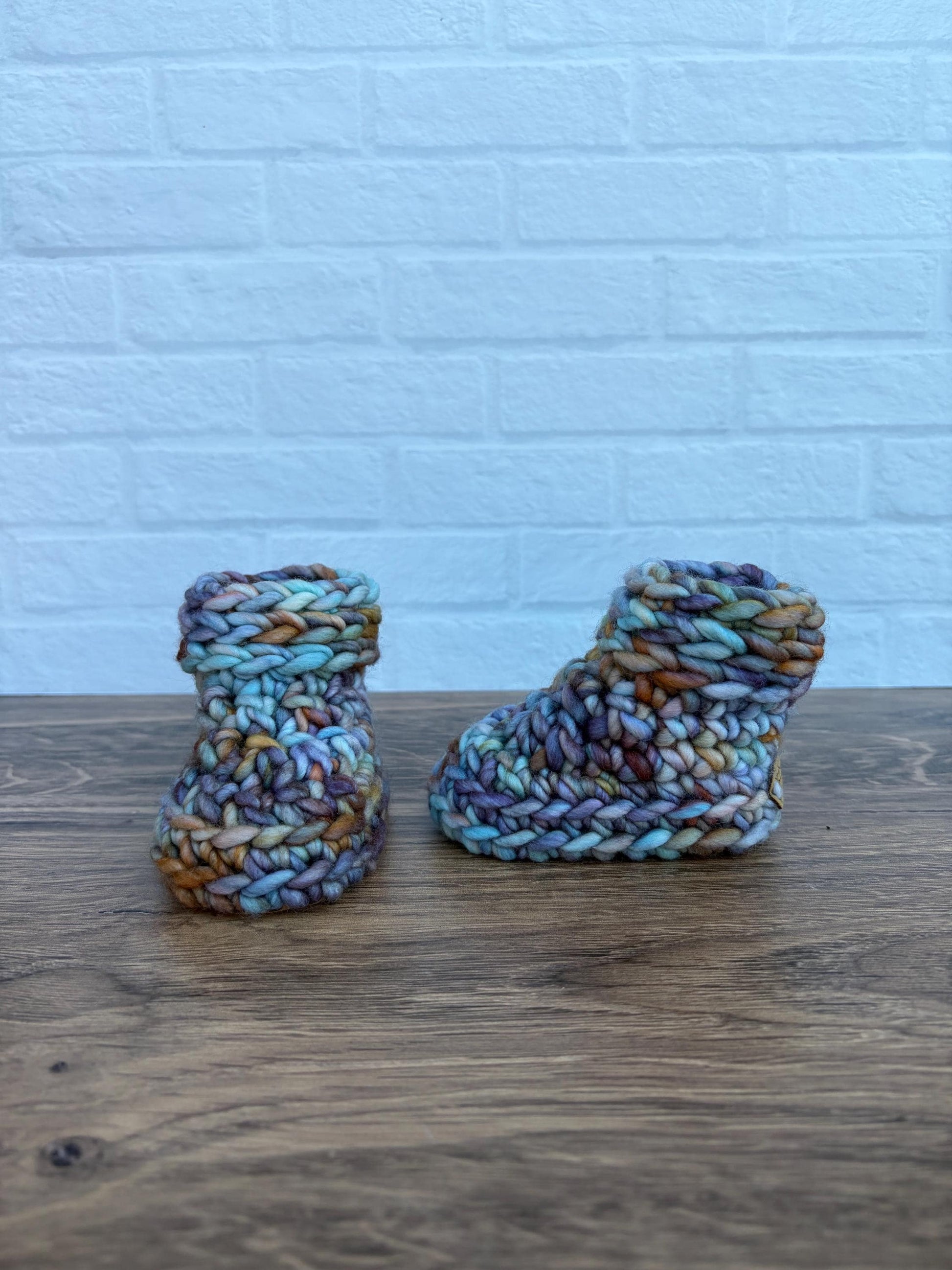 3-6 months - Luxury Blues and Gold “Hello I’m New Here” Merino Wool Crochet Baby Booties - Hand Crocheted Baby Booties with Hand Dyed Yarn