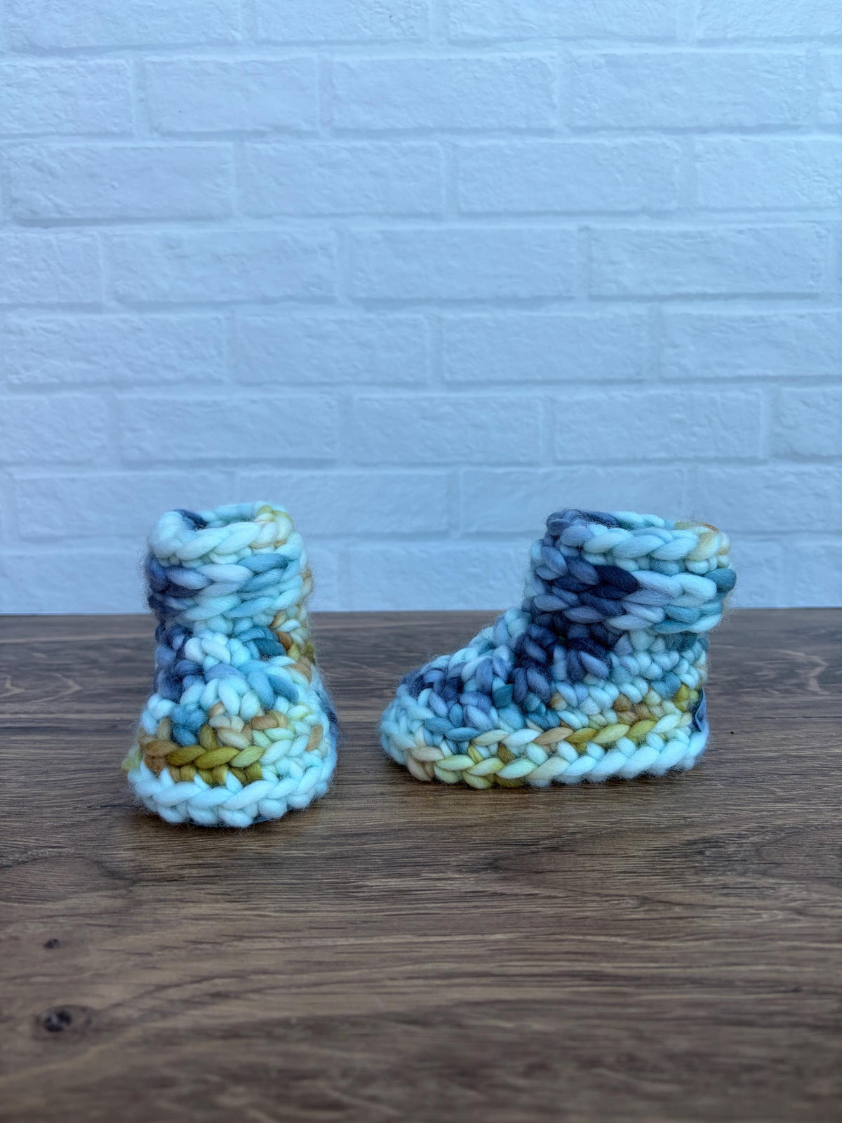 3-6 months - Luxury Blues and Gold “Hello I’m New Here” Merino Wool Crochet Baby Booties - Hand Crocheted Baby Booties with Hand Dyed Yarn