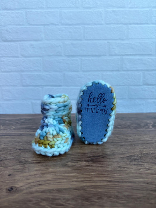 3-6 months - Luxury Blues and Gold “Hello I’m New Here” Merino Wool Crochet Baby Booties - Hand Crocheted Baby Booties with Hand Dyed Yarn