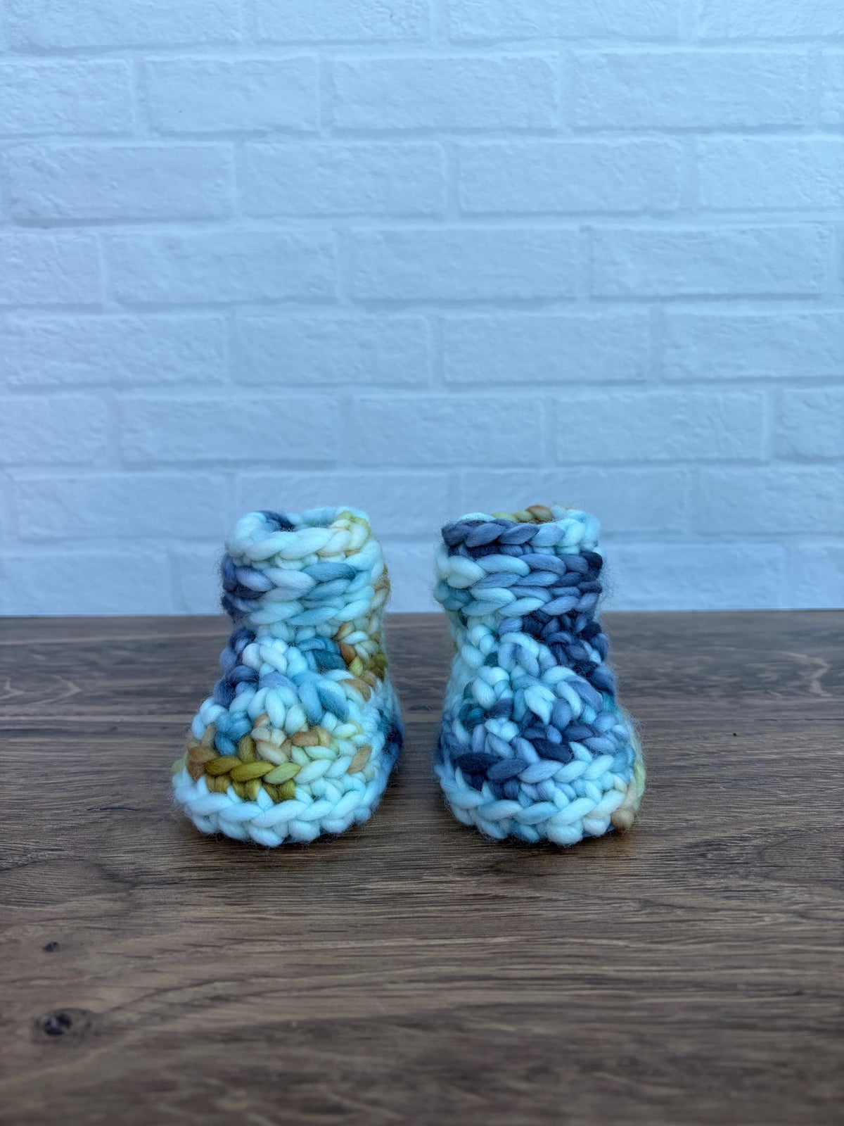3-6 months - Luxury Blues and Gold “Hello I’m New Here” Merino Wool Crochet Baby Booties - Hand Crocheted Baby Booties with Hand Dyed Yarn