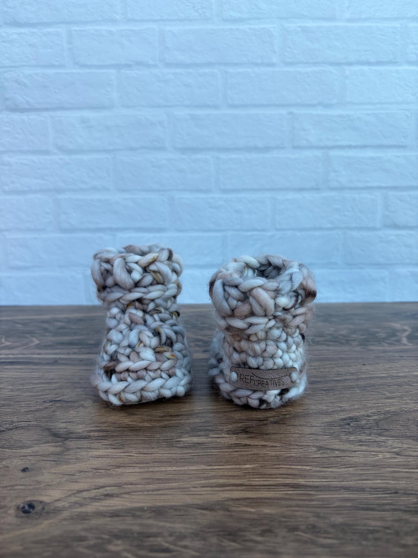 3-6 months - Luxury Beige “Hello I’m New Here” Merino Wool Crochet Baby Booties - Hand Crocheted Baby Booties with Hand Dyed Yarn