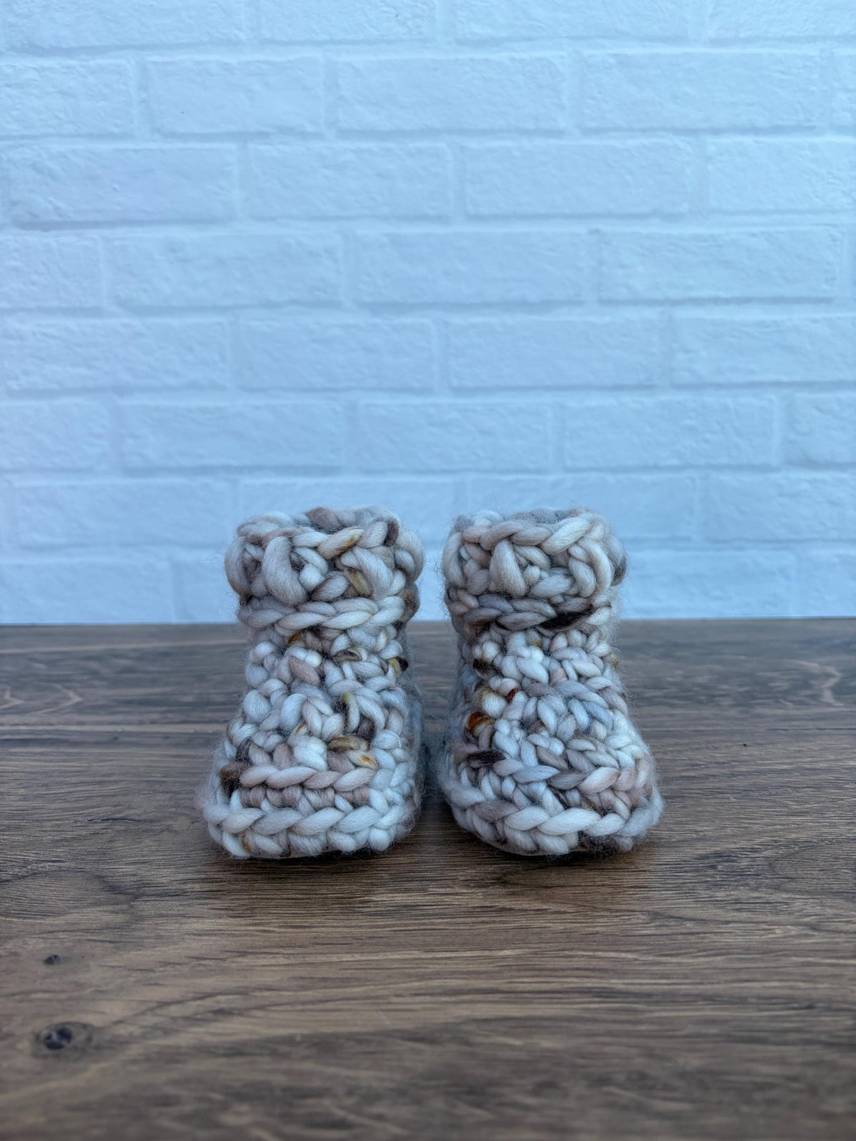 3-6 months - Luxury Beige “Hello I’m New Here” Merino Wool Crochet Baby Booties - Hand Crocheted Baby Booties with Hand Dyed Yarn
