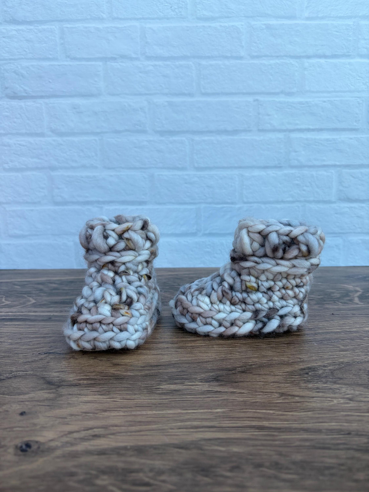 3-6 months - Luxury Beige “Hello I’m New Here” Merino Wool Crochet Baby Booties - Hand Crocheted Baby Booties with Hand Dyed Yarn