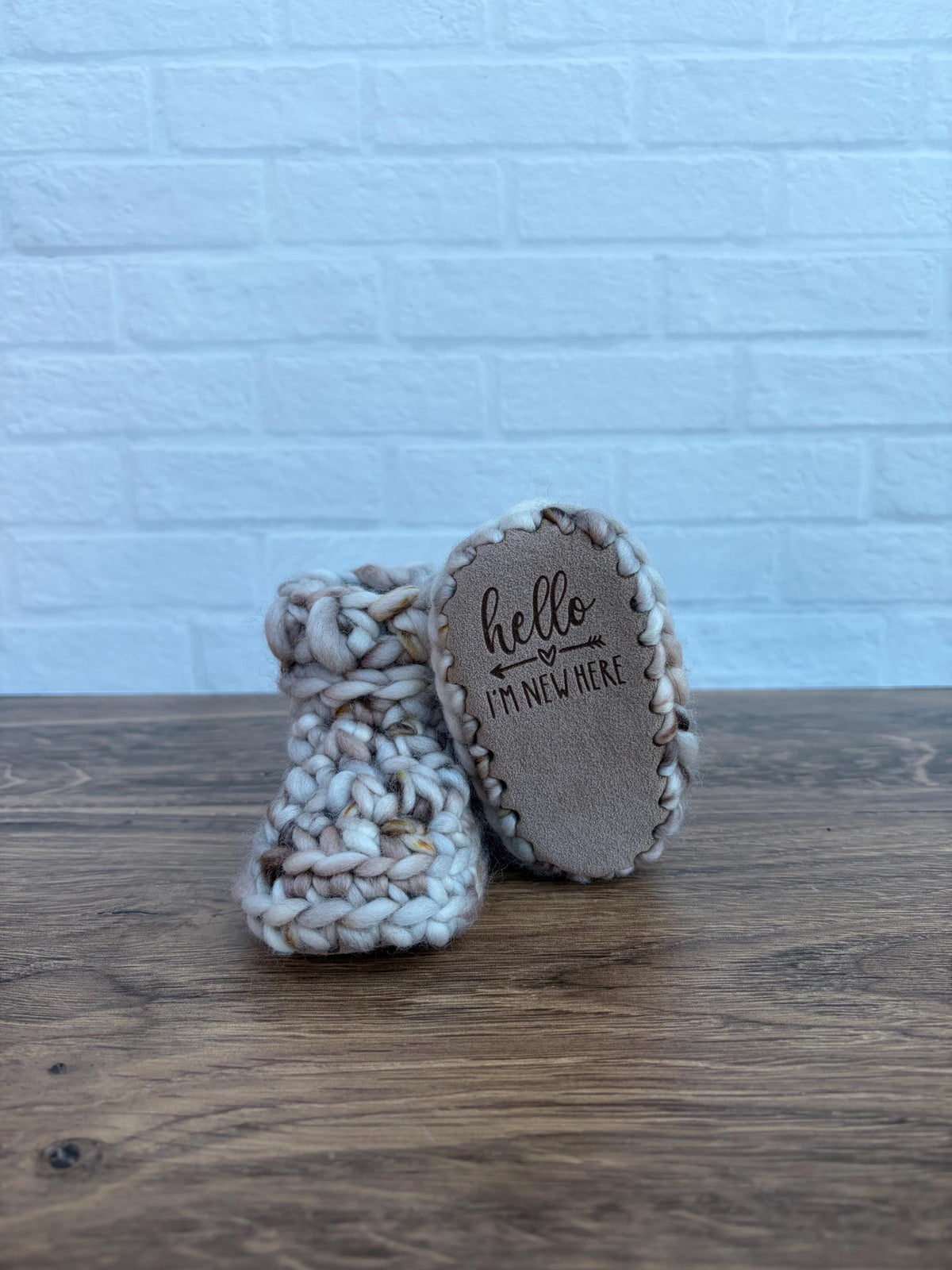 3-6 months - Luxury Beige “Hello I’m New Here” Merino Wool Crochet Baby Booties - Hand Crocheted Baby Booties with Hand Dyed Yarn