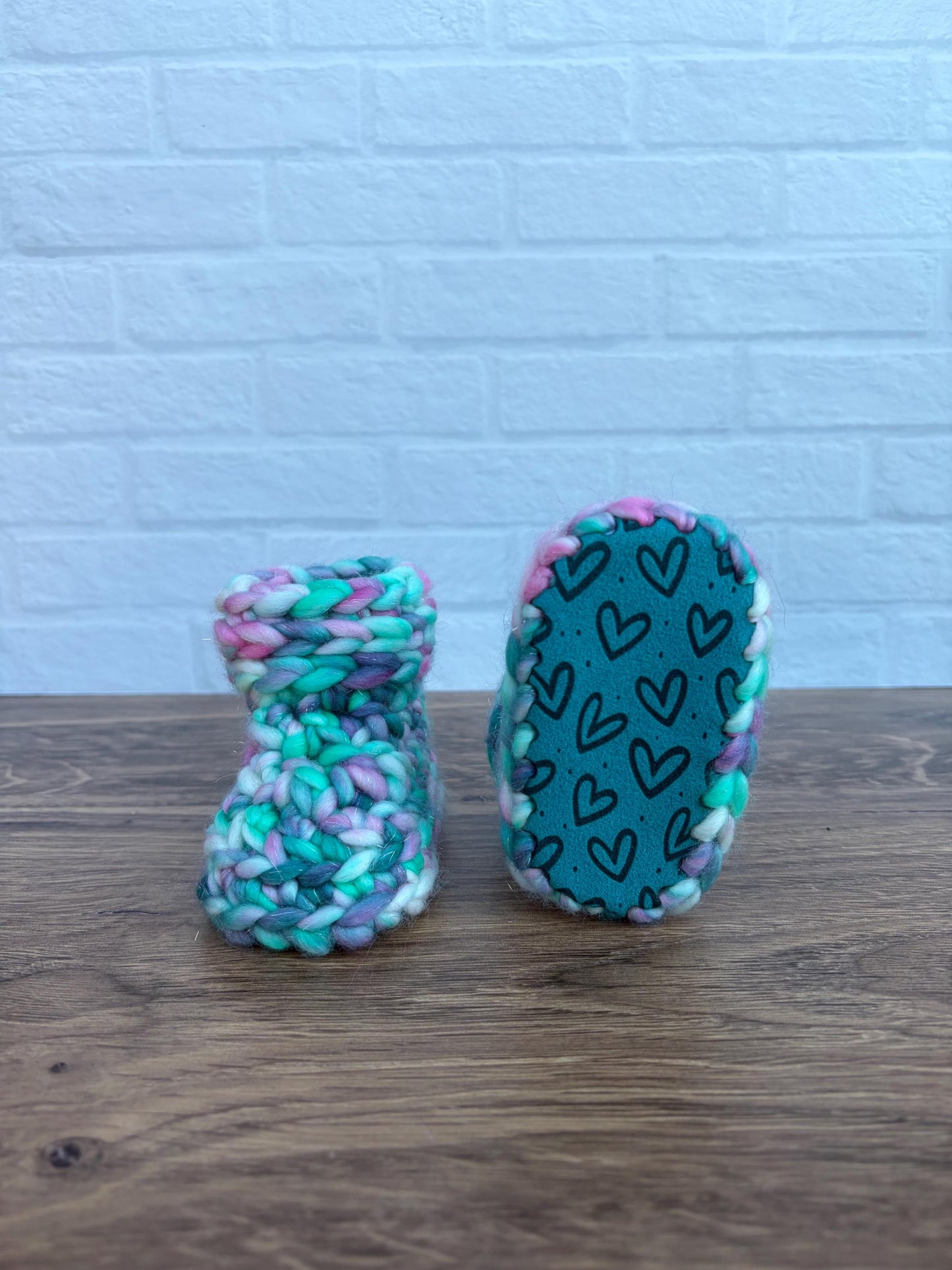3-6 months - Luxury Sparkly Pink and Teal Hearts Merino Wool Crochet Baby Booties - Hand Crocheted Baby Booties with Hand Dyed Yarn
