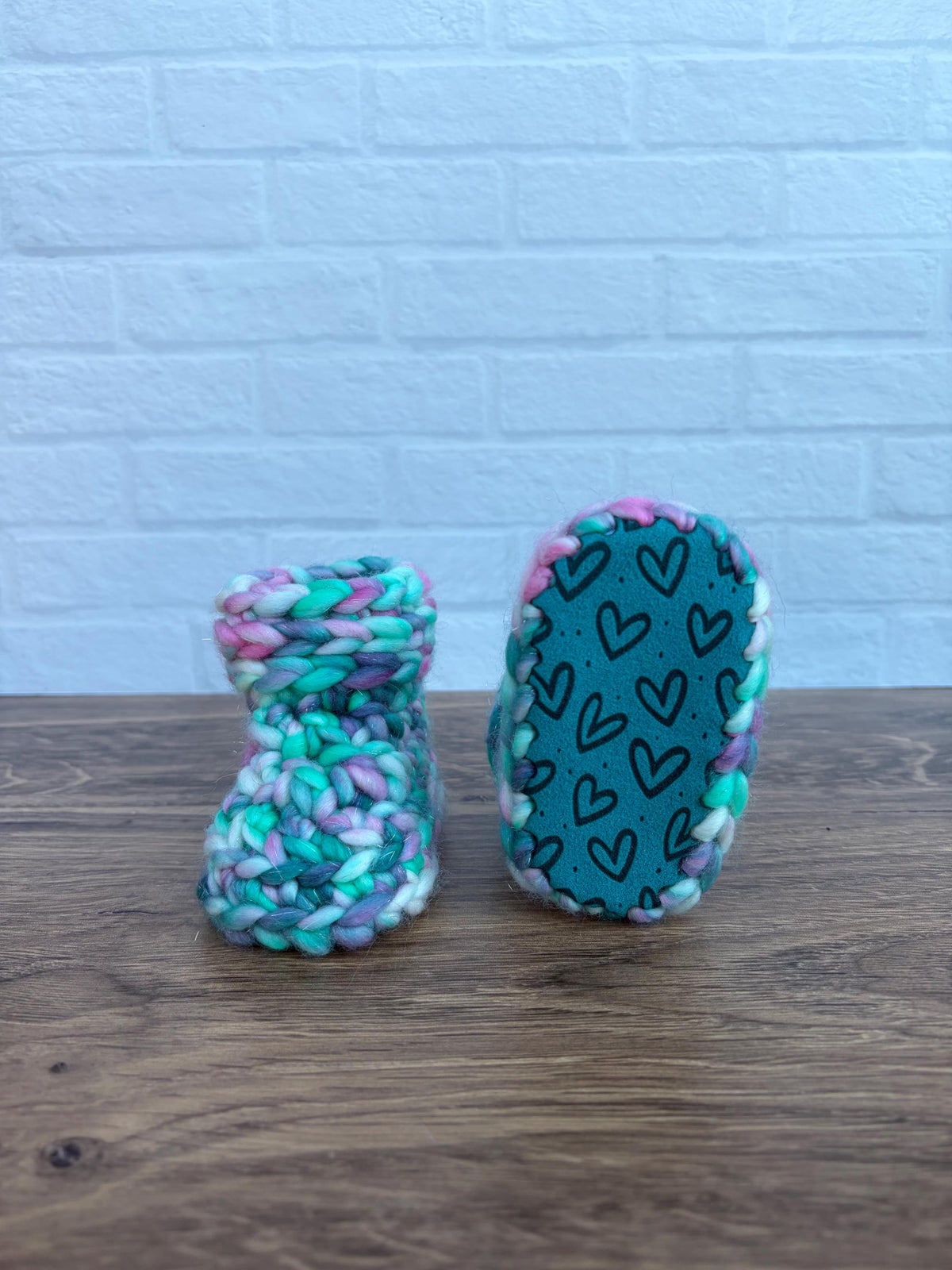 3-6 months - Luxury Sparkly Pink and Teal Hearts Merino Wool Crochet Baby Booties - Hand Crocheted Baby Booties with Hand Dyed Yarn