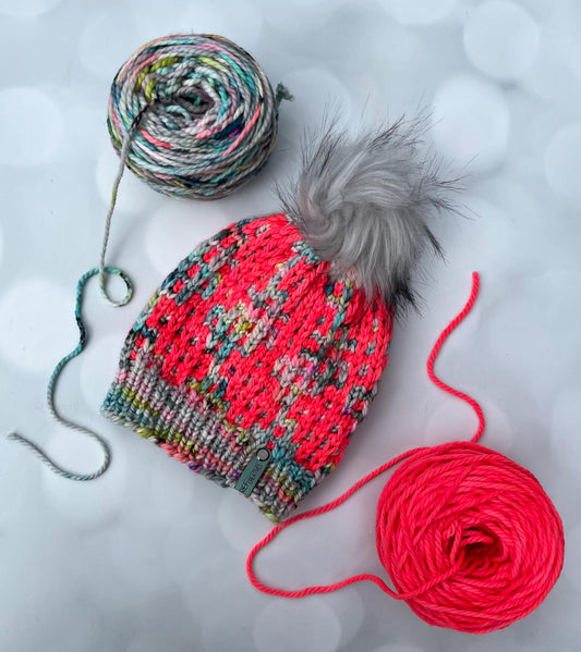 Luxury Neon Coral and Multicolored Pastel Merino Wool Knit Hat - Swirly Hand Knit Hat with Hand Dyed Yarn