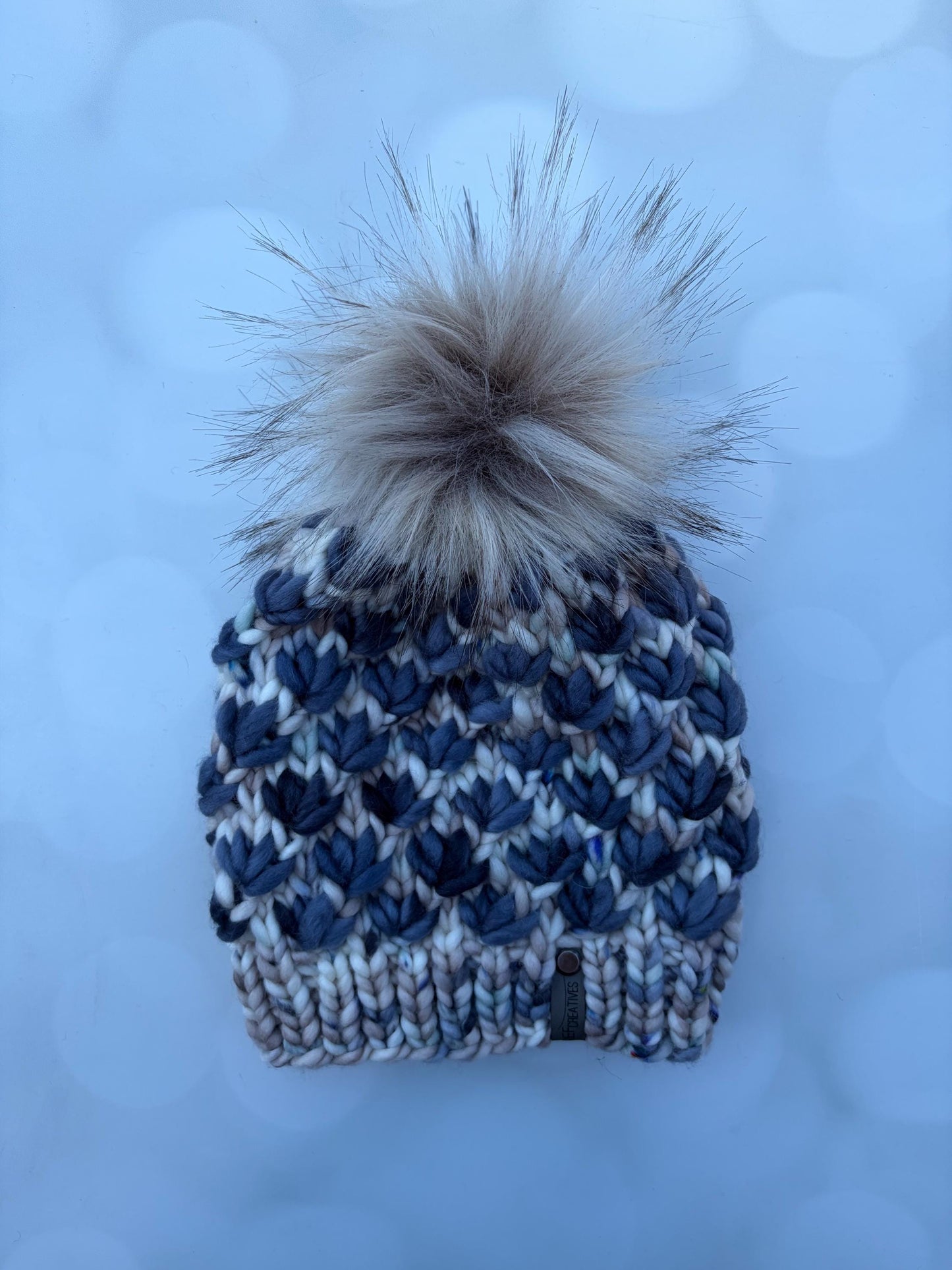 Luxury Blue Merino Wool Knit Hat - Speckled Grey and Slate Blue Lotus Flower Beanie Hand Knit Hat with Hand Dyed Yarn