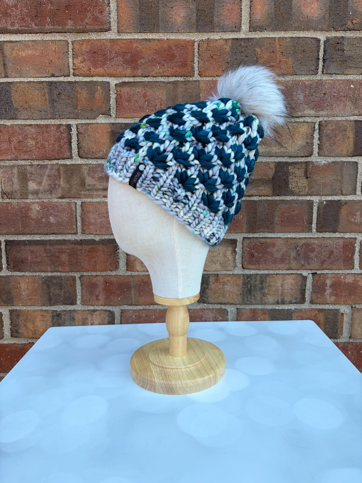 Luxury Flower Merino Wool Knit Hat - Speckled Grey and Teal Lotus Flower Beanie Hand Knit Hat with Hand Dyed Yarn