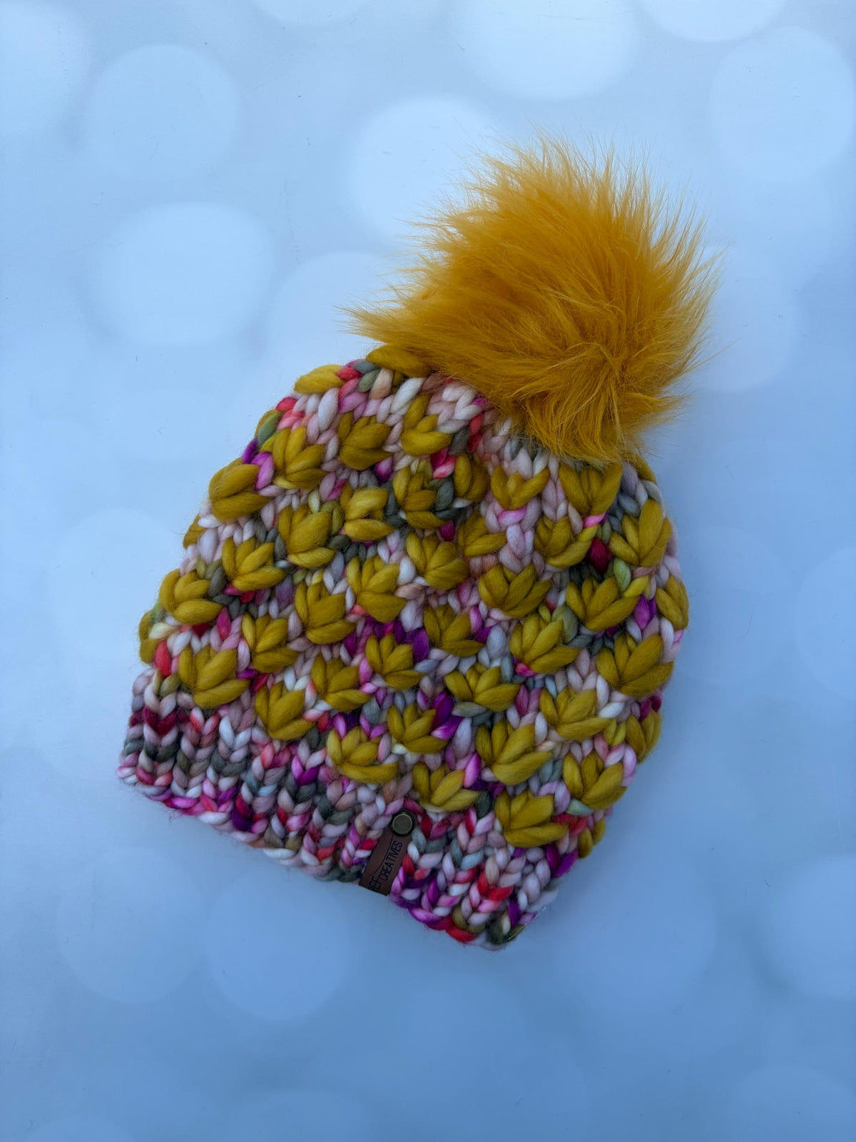 Luxury Flower Merino Wool Knit Hat - Goldenrod and Garden Party Lotus Flower Beanie Hand Knit Hat with Hand Dyed Yarn