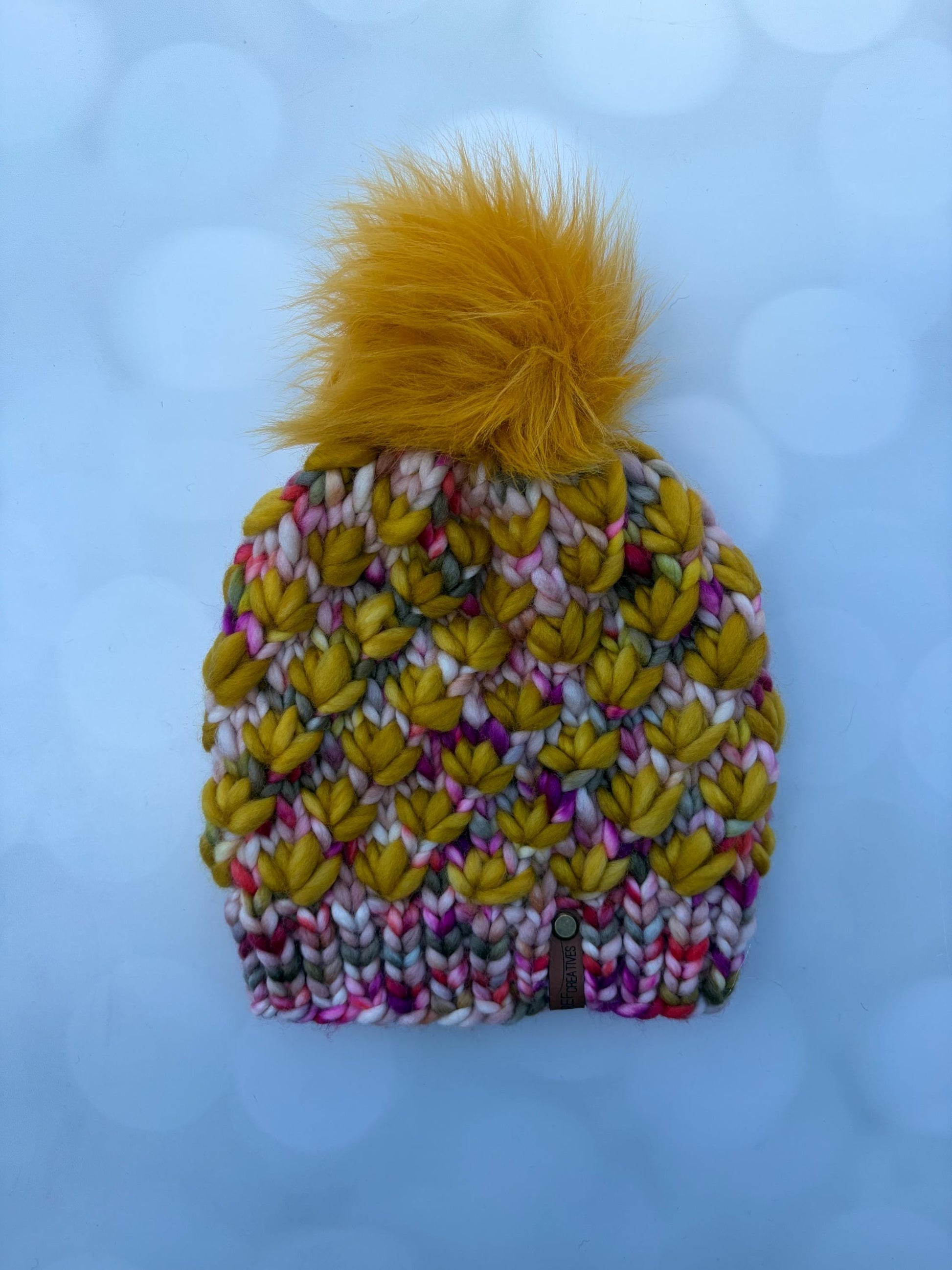Luxury Flower Merino Wool Knit Hat - Goldenrod and Garden Party Lotus Flower Beanie Hand Knit Hat with Hand Dyed Yarn