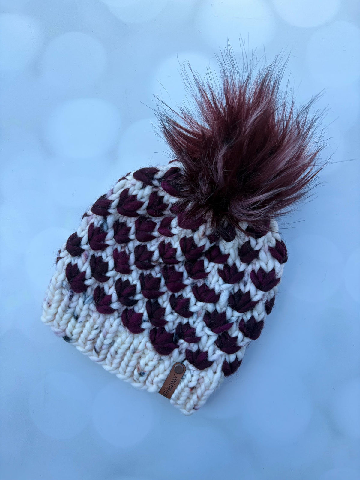 Luxury Wine and White Merino Wool Knit Hat - Speckled Lotus Flower Beanie Hand Knit Hat with Hand Dyed Yarn