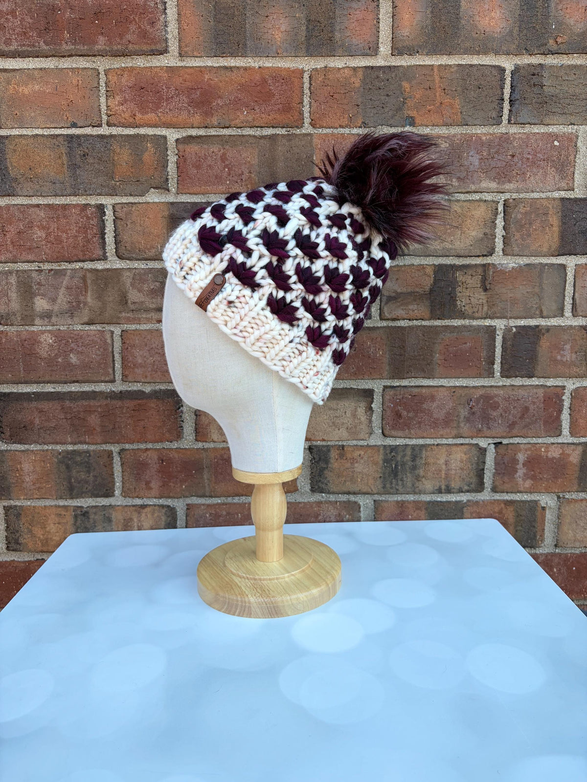 Luxury Wine and White Merino Wool Knit Hat - Speckled Lotus Flower Beanie Hand Knit Hat with Hand Dyed Yarn