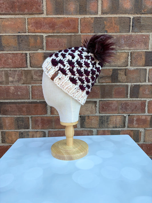 Luxury Wine and White Merino Wool Knit Hat - Speckled Lotus Flower Beanie Hand Knit Hat with Hand Dyed Yarn