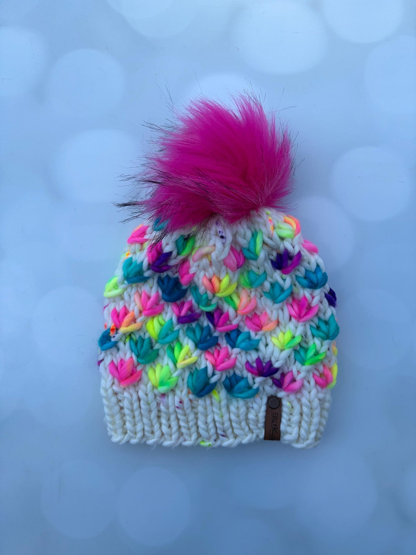 Luxury Rainbow Merino Wool Knit Hat - White and Rainbow Lotus Flower Beanie Hand Knit Hat with Hand Dyed Yarn