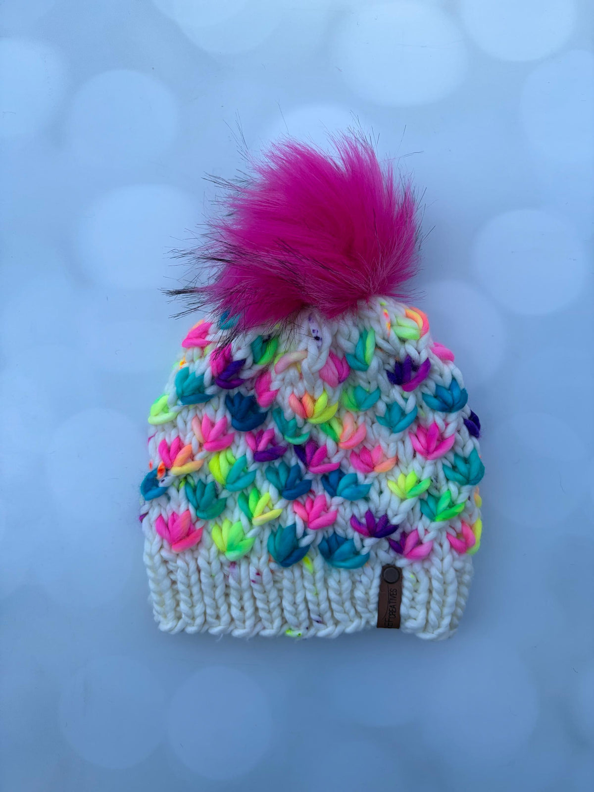 Luxury Rainbow Merino Wool Knit Hat - White and Rainbow Lotus Flower Beanie Hand Knit Hat with Hand Dyed Yarn