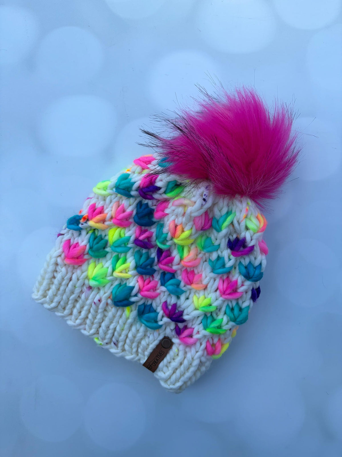 Luxury Rainbow Merino Wool Knit Hat - White and Rainbow Lotus Flower Beanie Hand Knit Hat with Hand Dyed Yarn